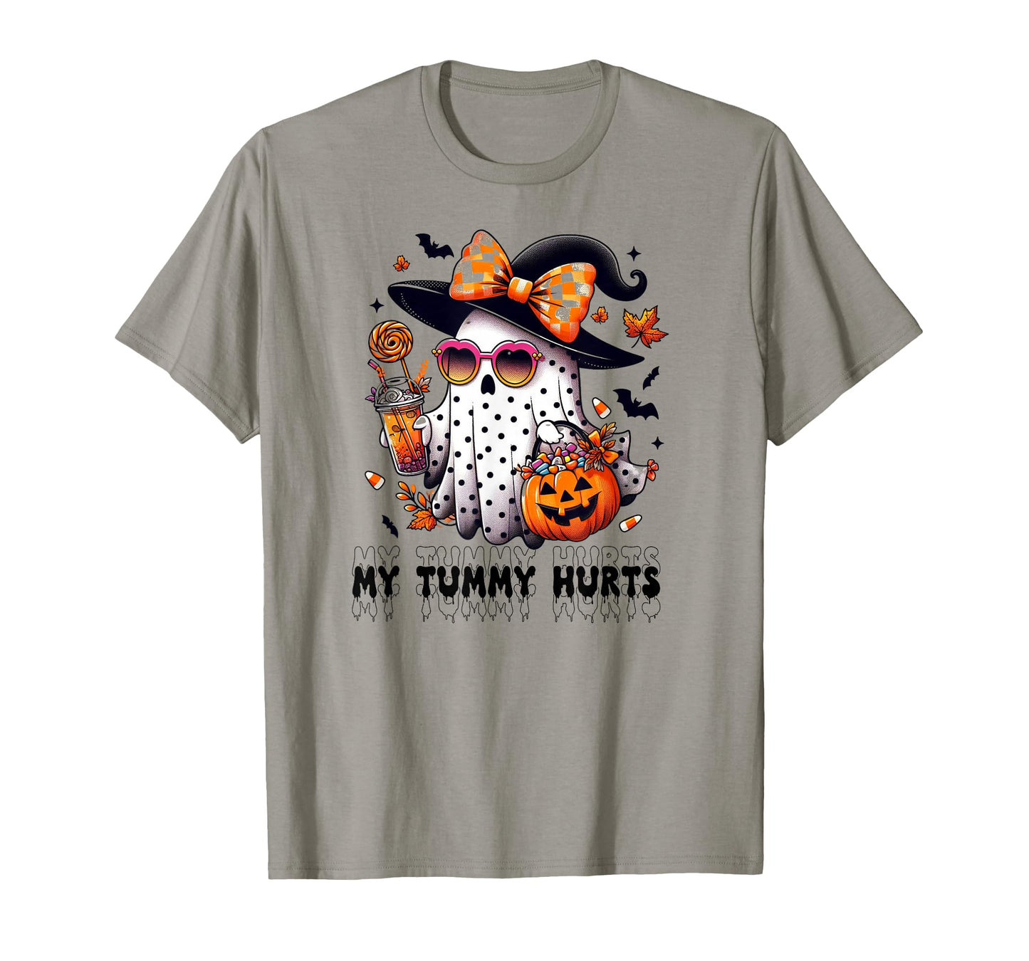 Funny My Tummy Hurts Cute Pink Ghost Boujee Halloween Coffee T-Shirt