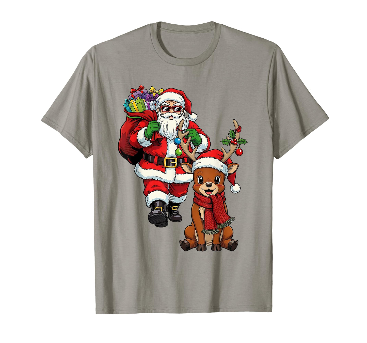 Santa Claus with Reindeer and Gifts Cool Christmas T-Shirt