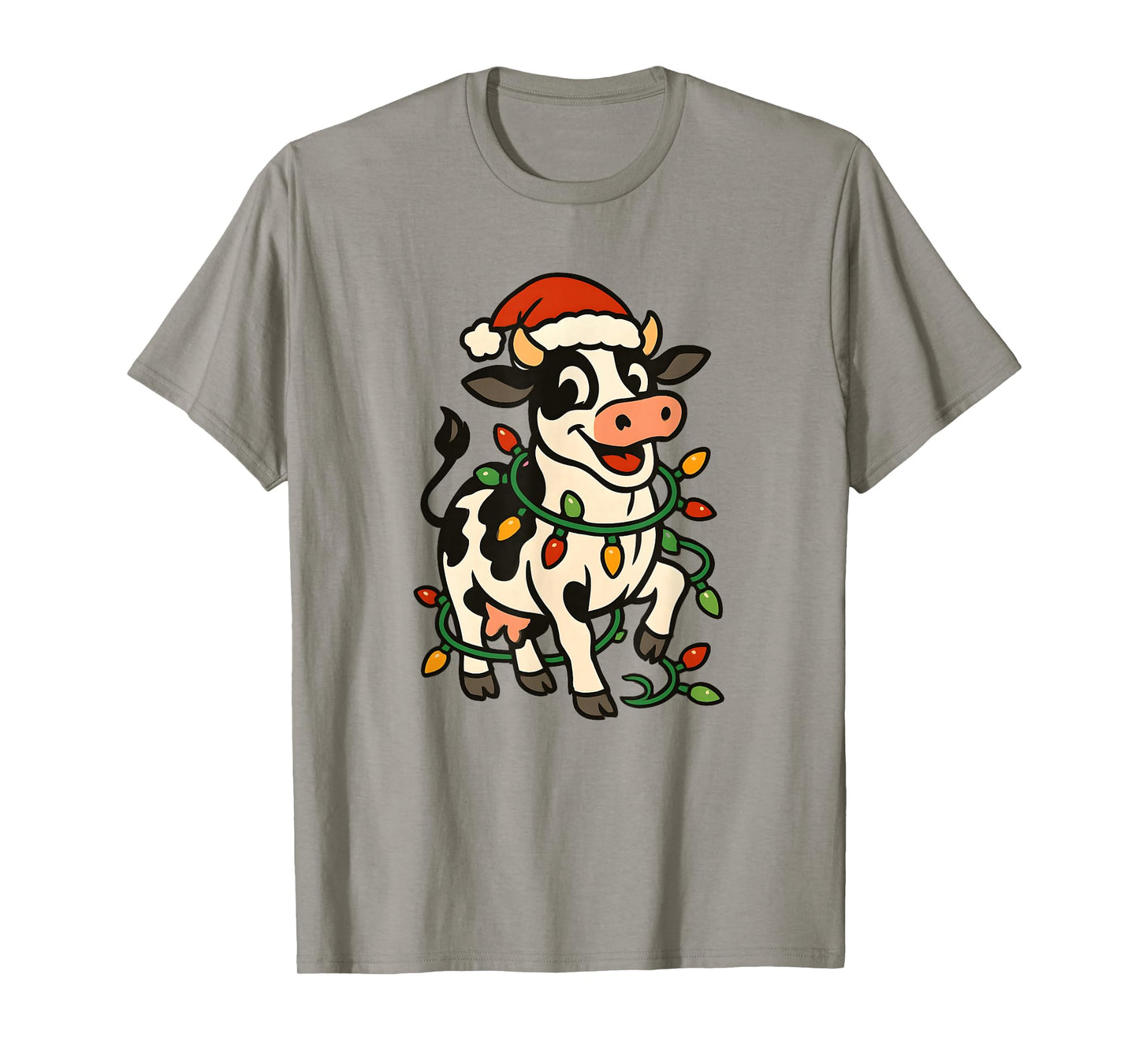 Christmas Holstein Cow Lights Santa Hat Black White Funny T-Shirt