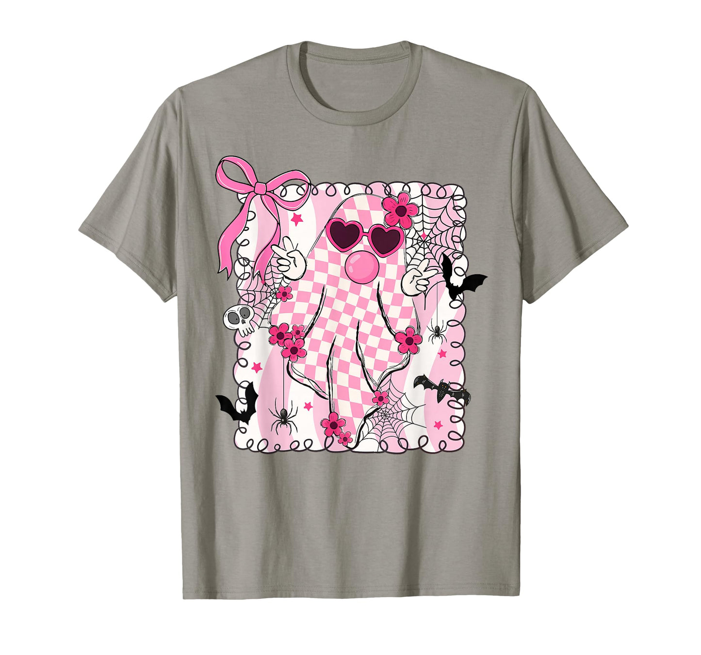 Cute Pink Ghost Blowing Bubble Gum Checkered Halloween T-Shirt