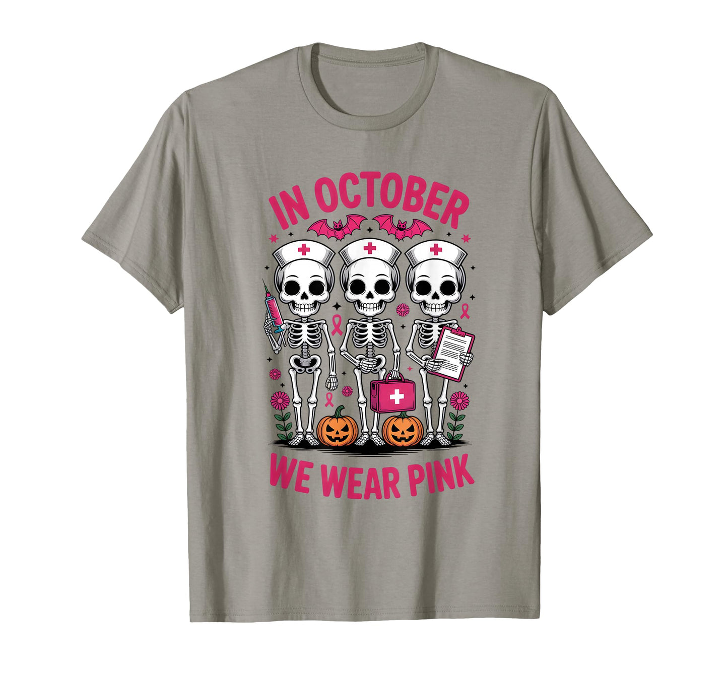 in October we wear Pink Breast Cancer Skeleton Nurse T-Shirt
