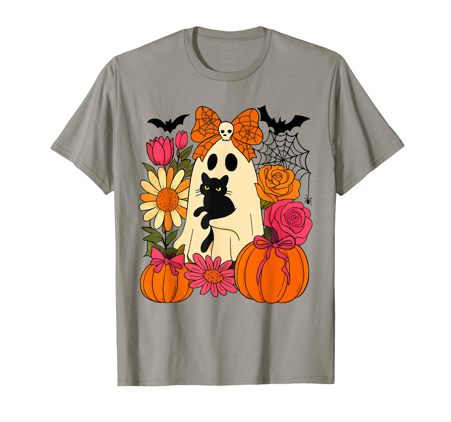 Vintage Halloween Ghost Holding Black Cat Groovy Floral T-Shirt