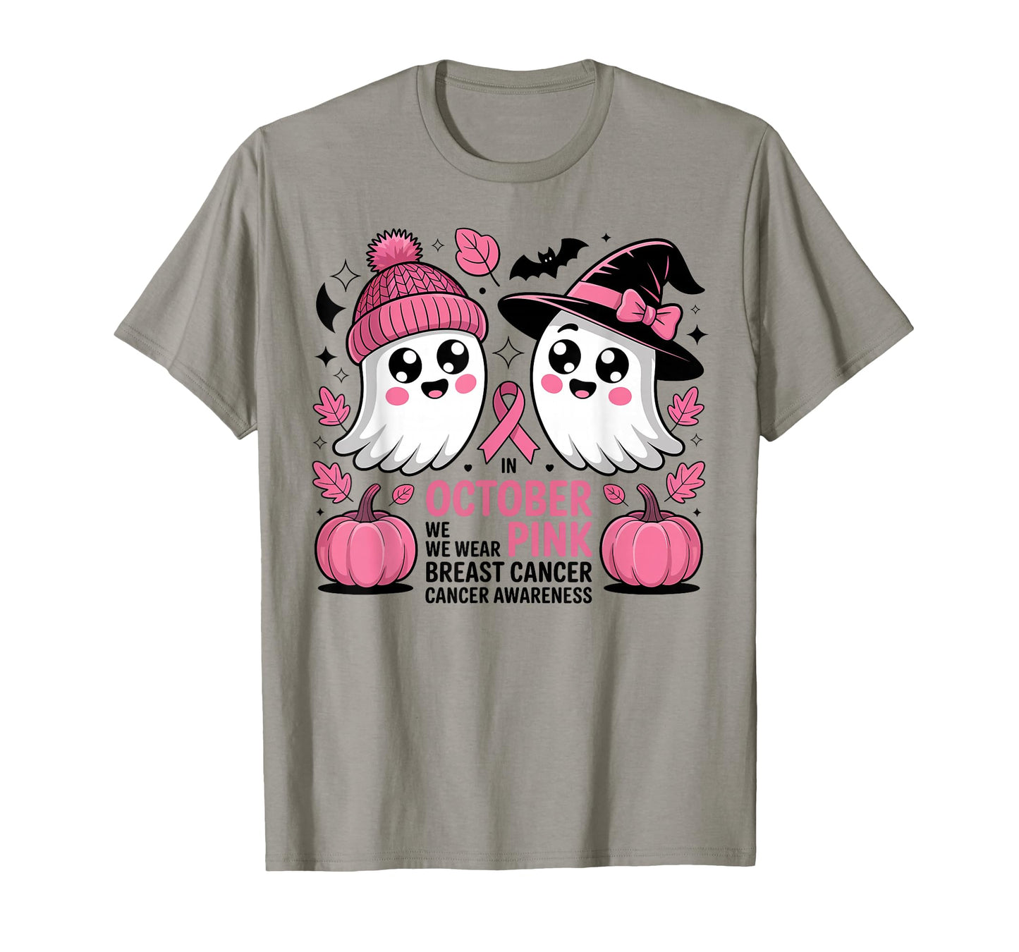 in October We Wear Pink Ghost Witch Breast Cancer Awareness T-Shirt