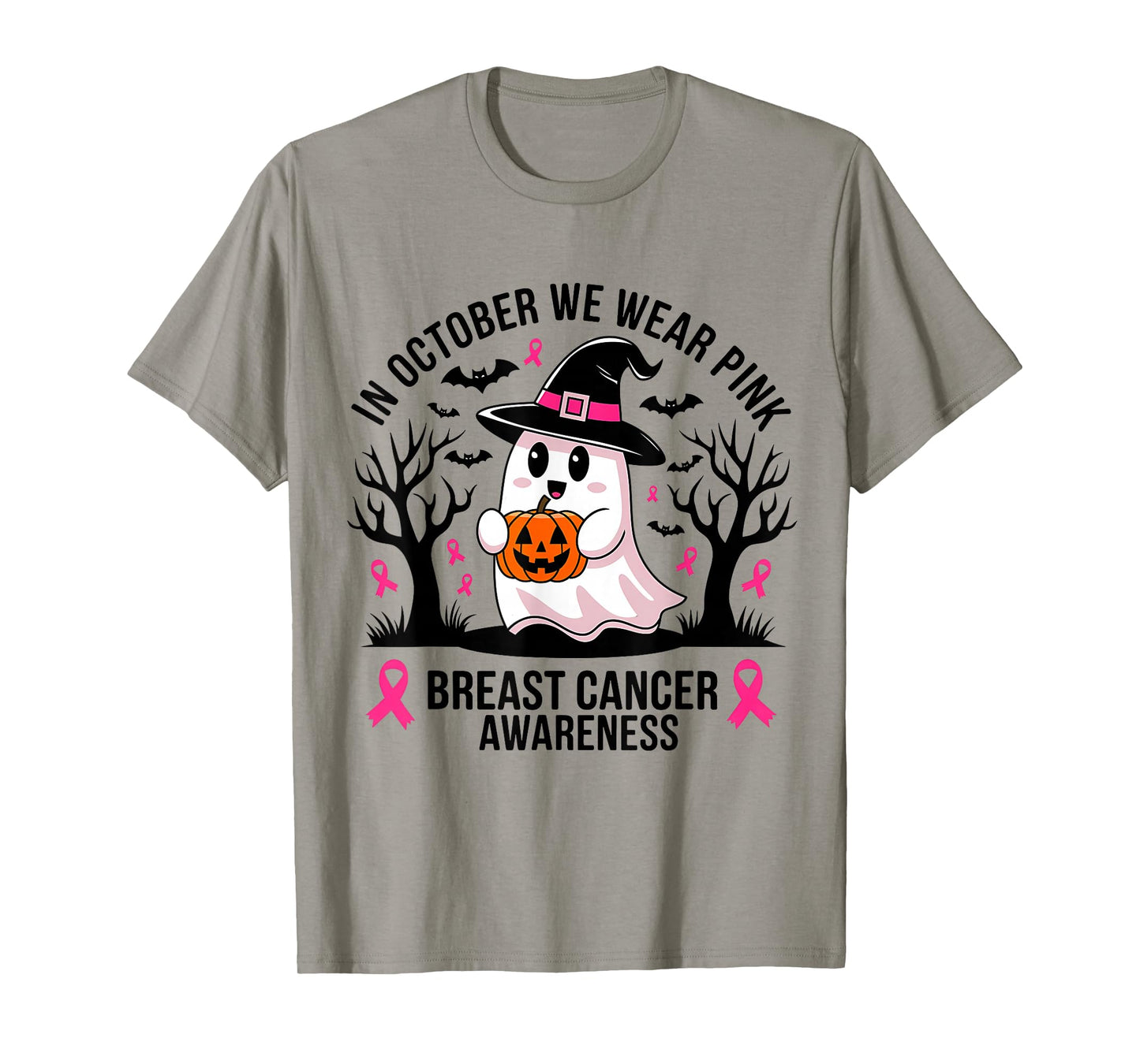 in October We Wear Pink Ghost Halloween Breast Cancer T-Shirt