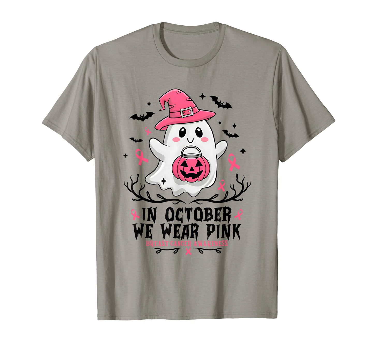 in October We Wear Pink Ghost Witch Breast Cancer Awareness T-Shirt