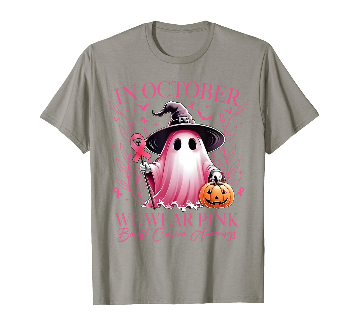 in October We Wear Pink Ghost Witch Breast Cancer Awareness T-Shirt