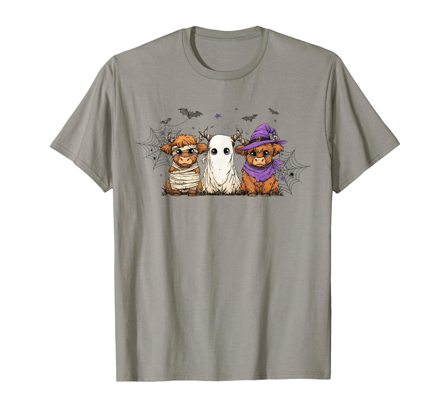 Halloween Highland Cow Trio Ghost Witch Mummy Bat Spider T-Shirt