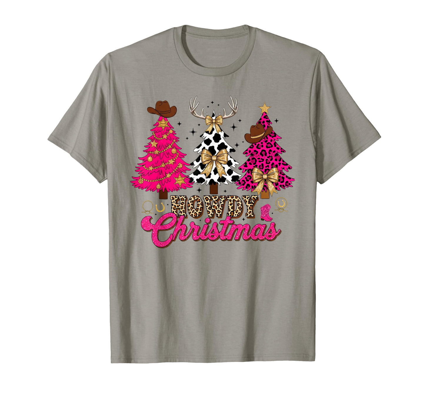 Howdy Christmas Pink Leopard Cow-Print Tree Coquette Cowgirl T-Shirt