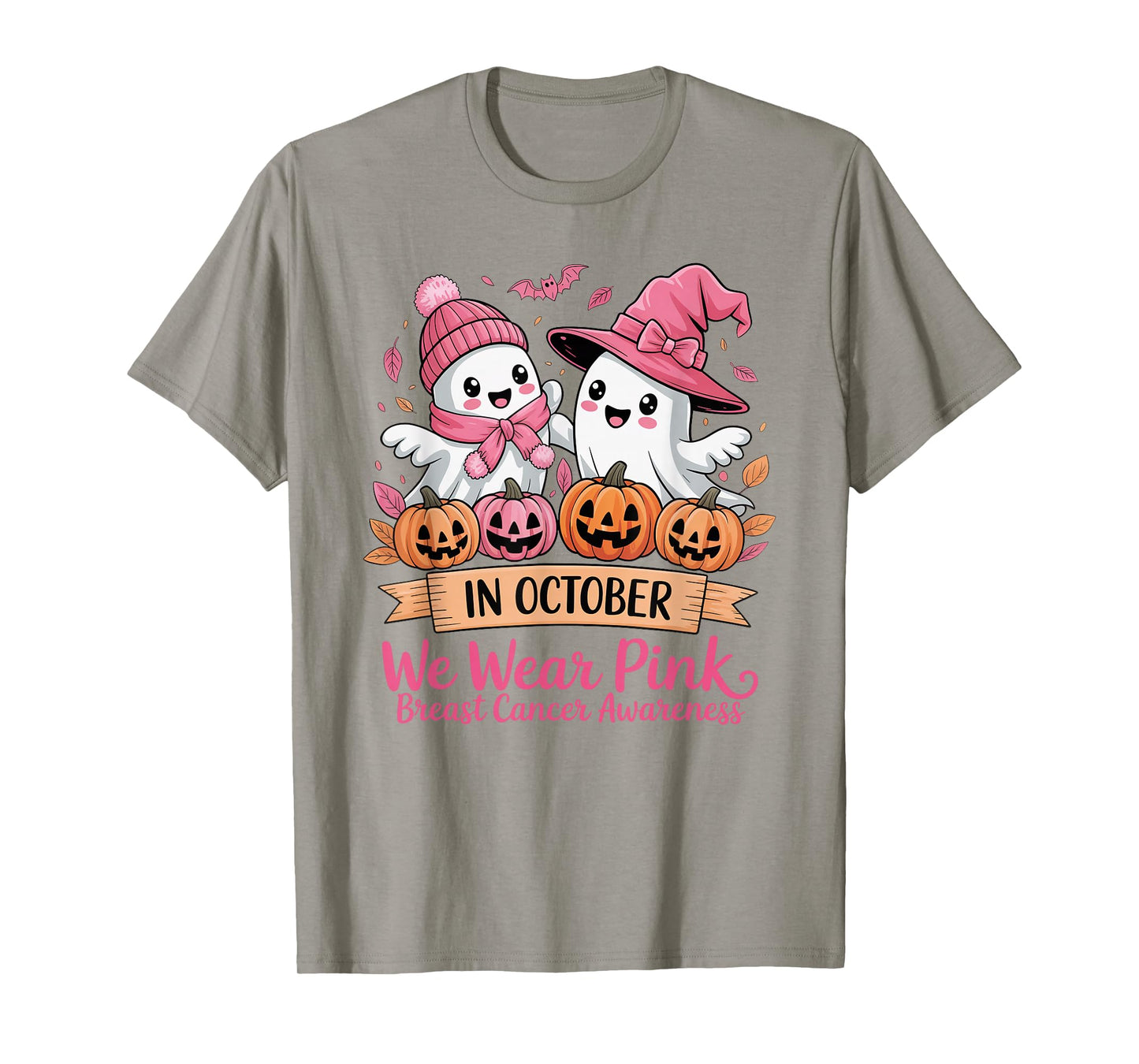 in October We Wear Pink Ghost Witch Breast Cancer Awareness T-Shirt