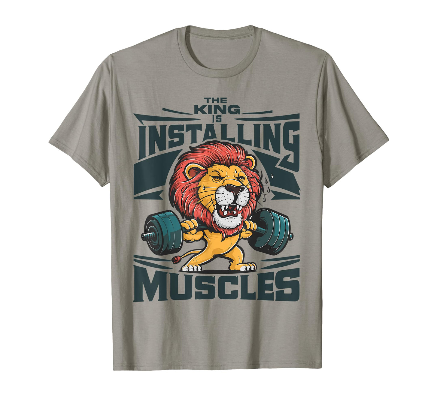 Funny Lion Installing Muscles Please Wait Lifting Barbell T-Shirt