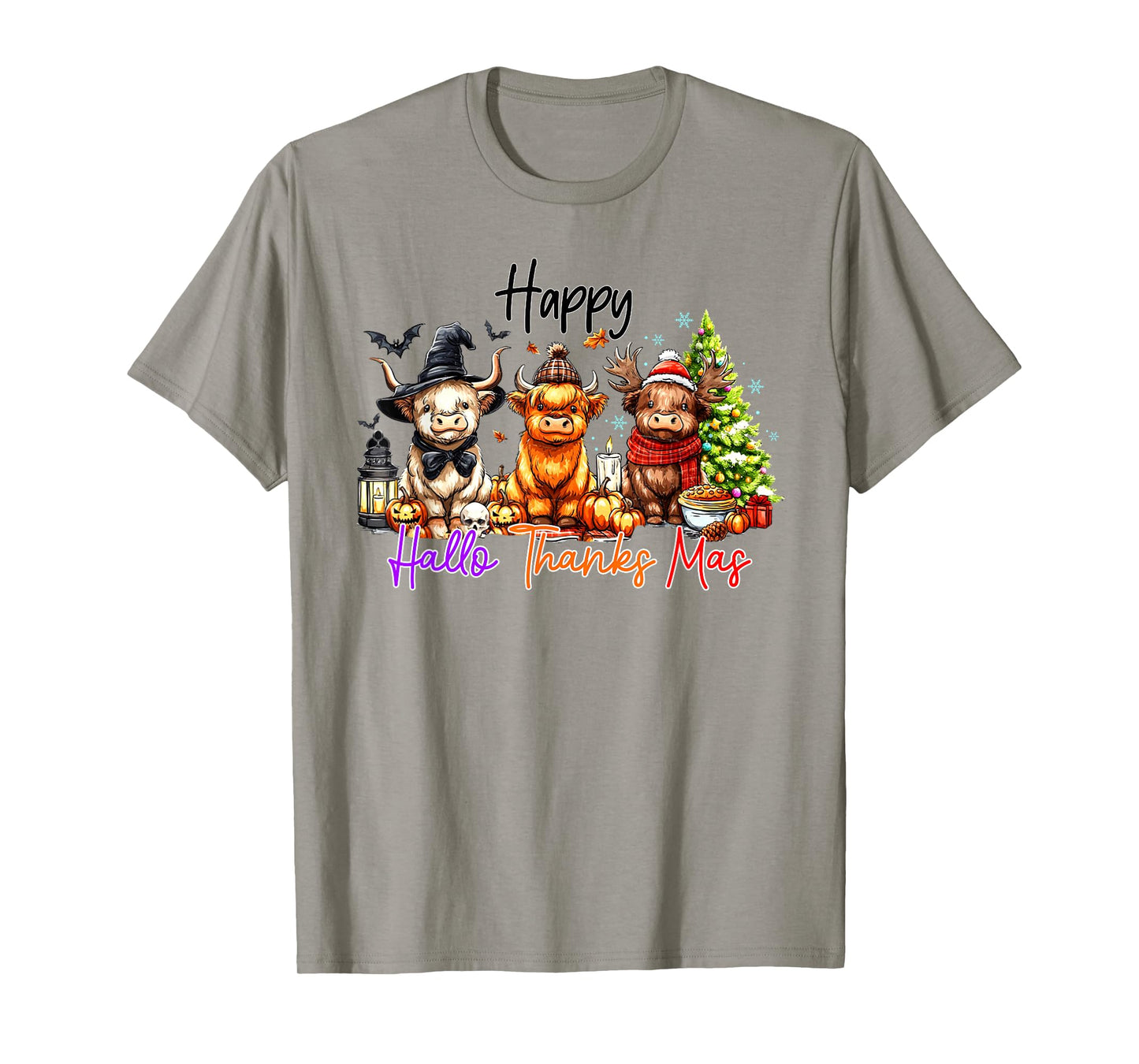 Happy Hallothanksmas Highland Cow Halloween Merry Christmas T-Shirt