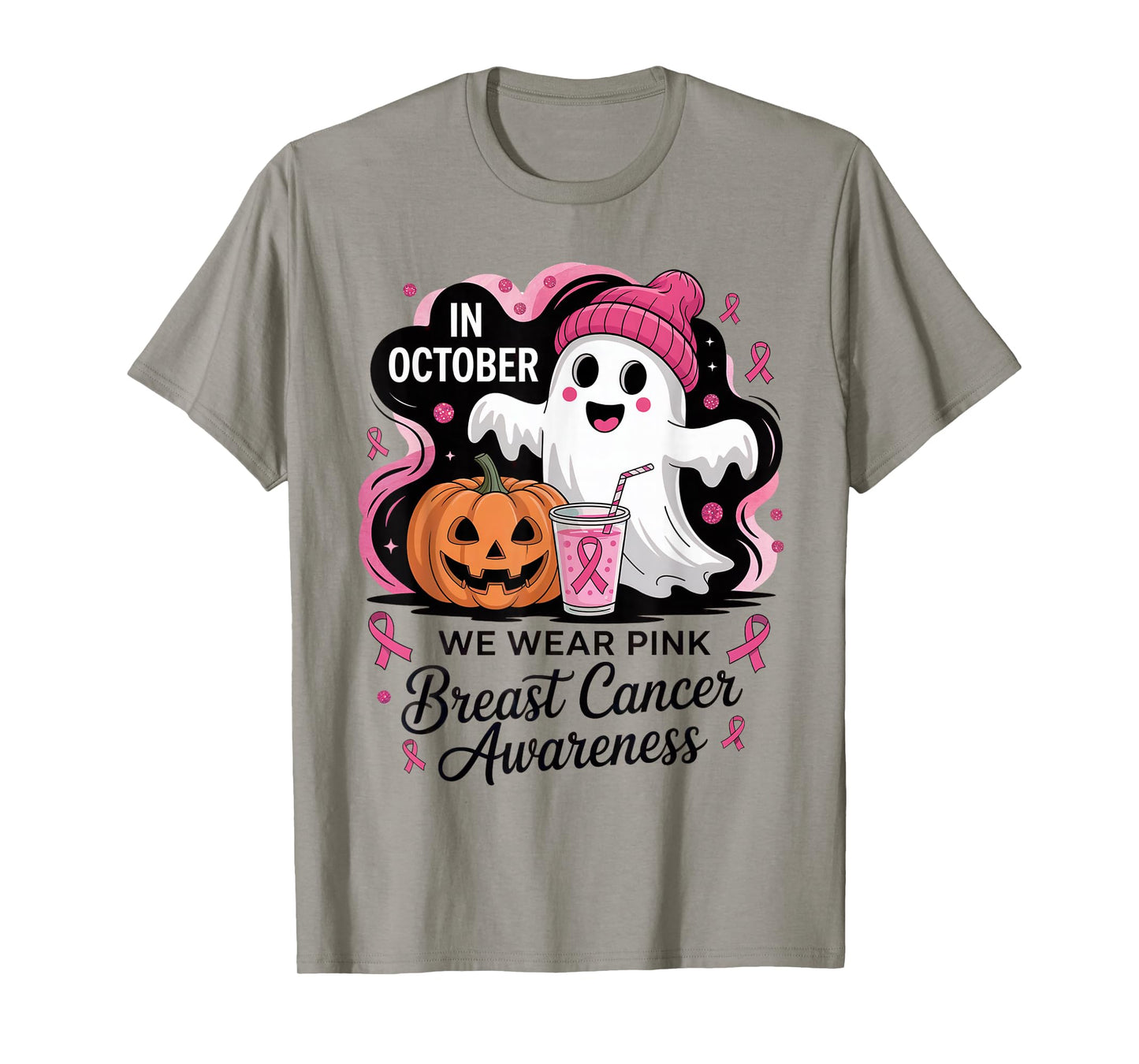 Pink Pumpkin Ghost Halloween Breast Cancer Awareness T-Shirt