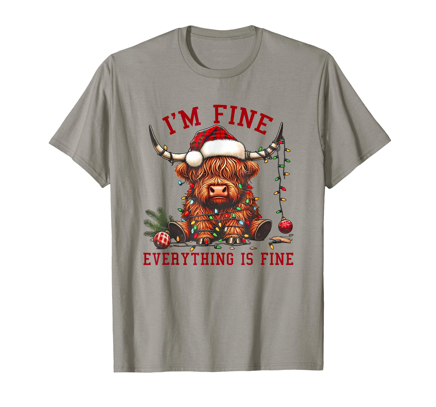 I'm Fine Everything is Fine Funny Christmas Highland Cow T-Shirt