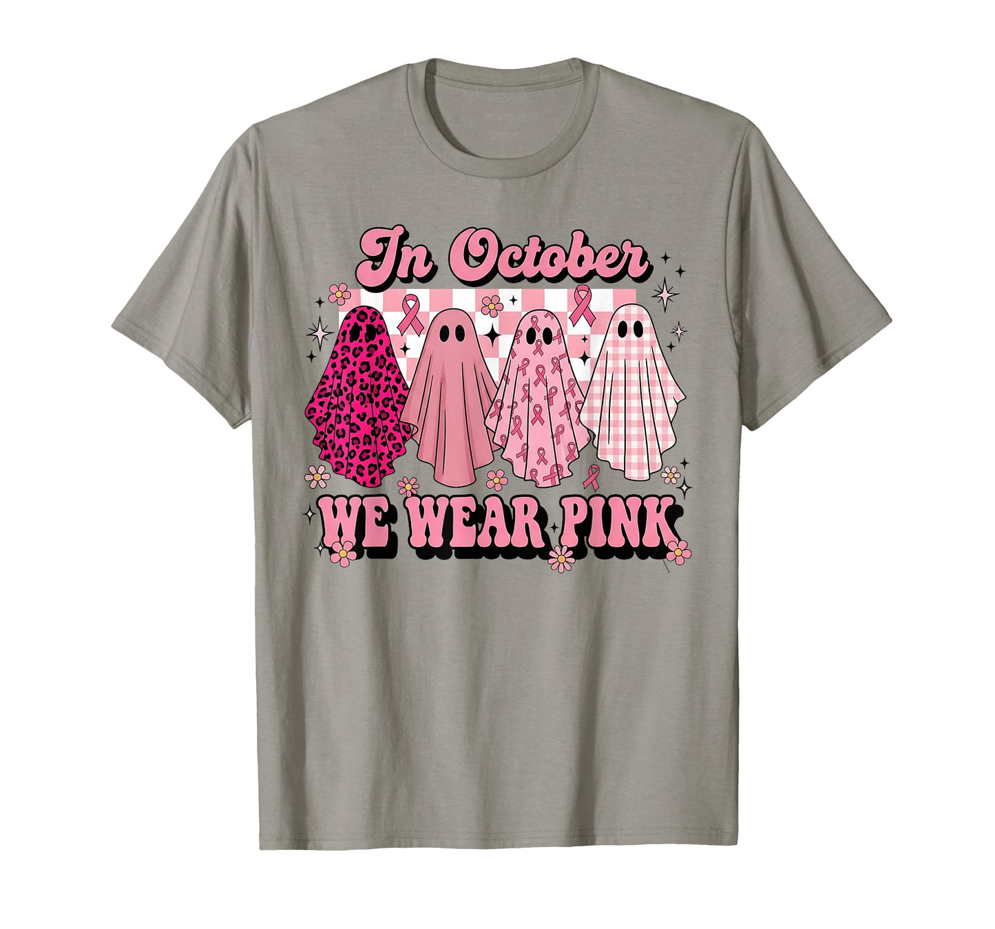 in October We Wear Pink Ghost Witch Breast Cancer Awarenes T-Shirt