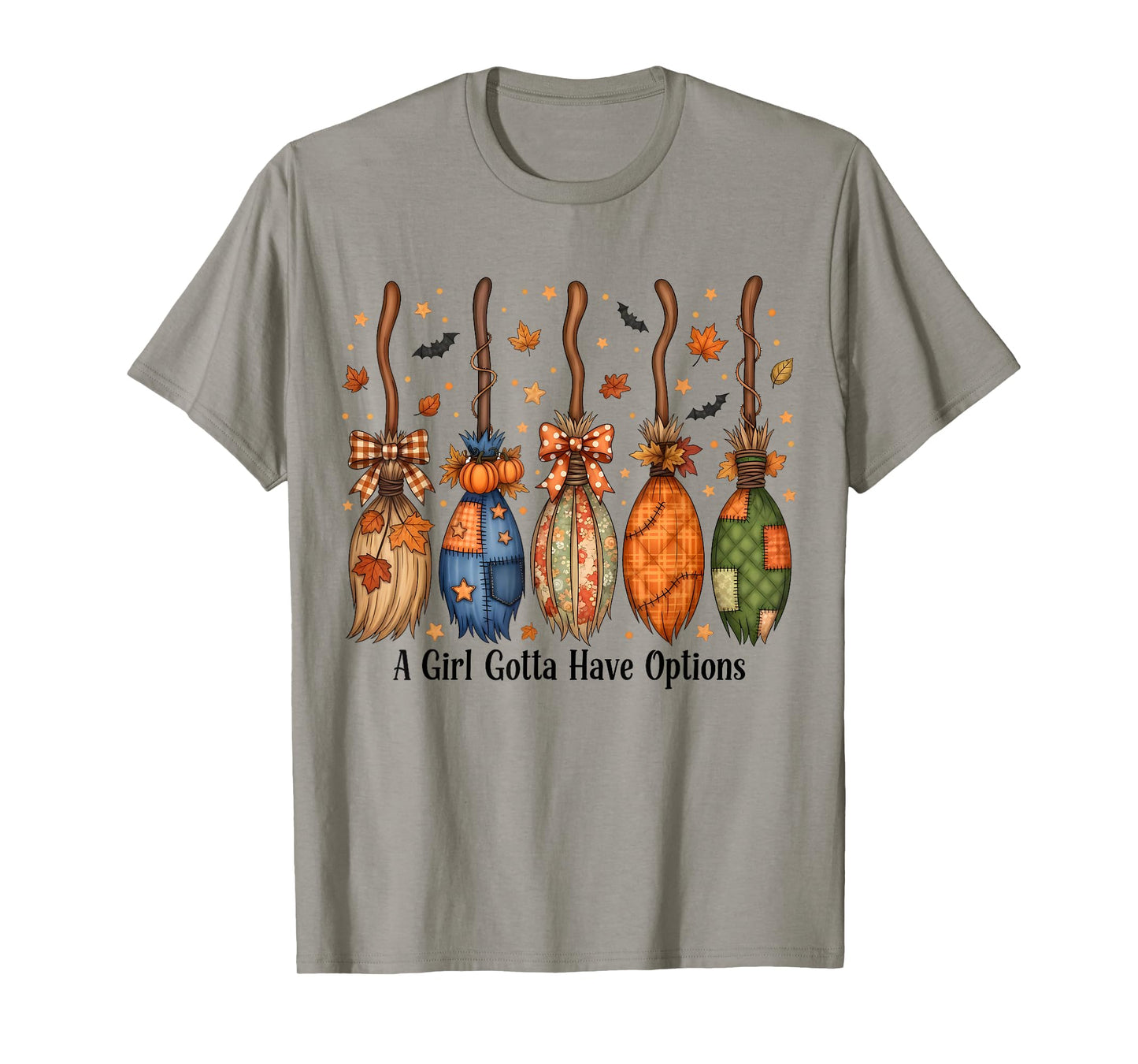 Halloween A Girl Gotta Have Options Patchwork Witch Brooms T-Shirt