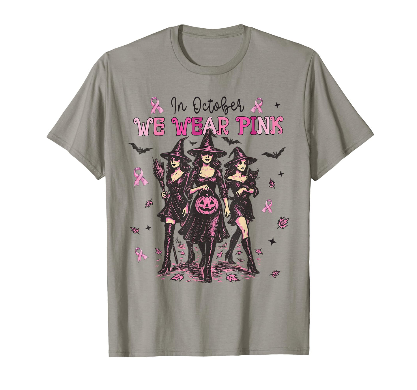 in October We Wear Pink Witch Halloween Breast Cancer Women T-Shirt