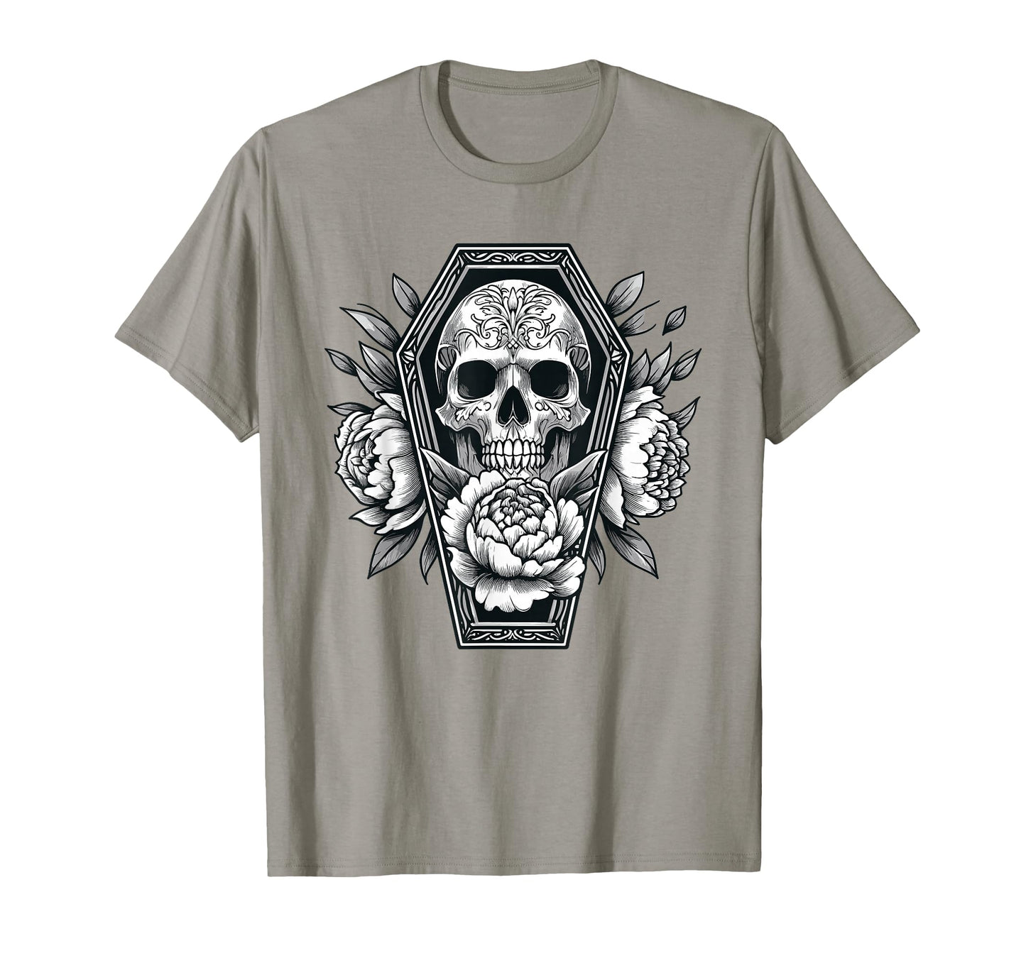 Goth Skull and Roses in Coffin Halloween Spooky Occult Pagan T-Shirt