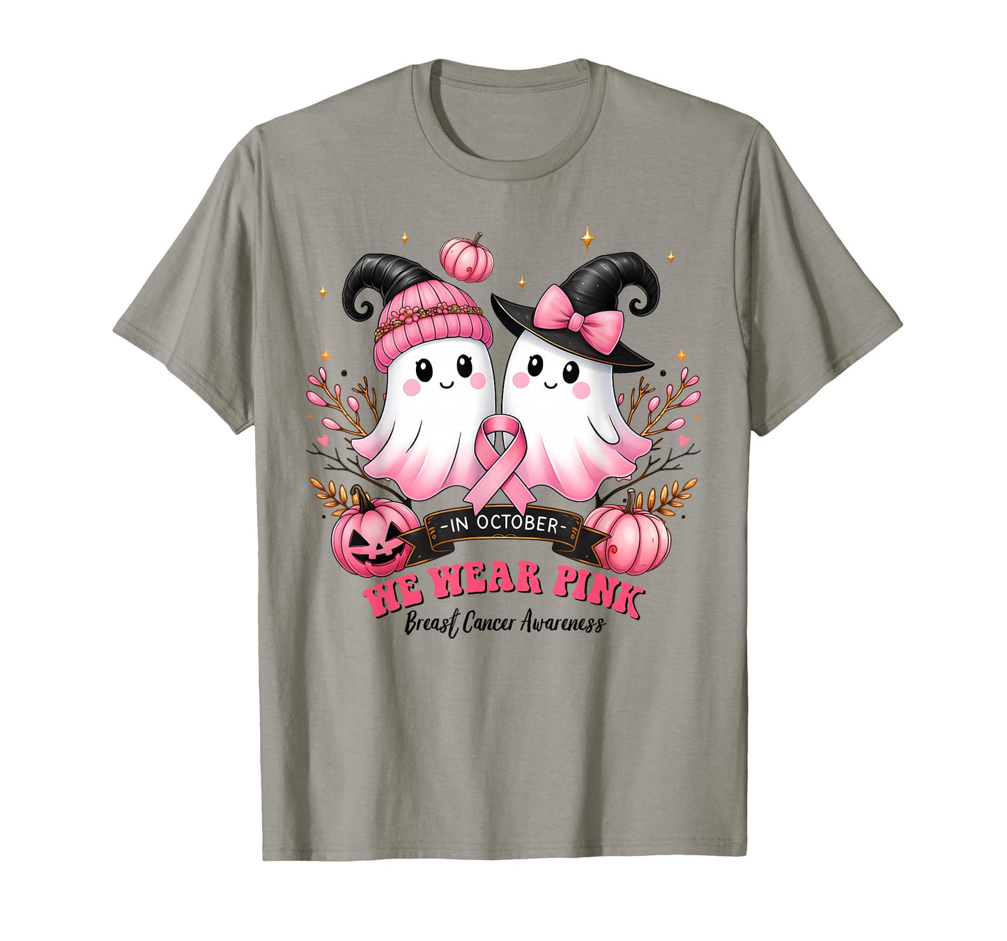 in October We Wear Pink Ghost Witch Breast Cancer Awareness T-Shirt