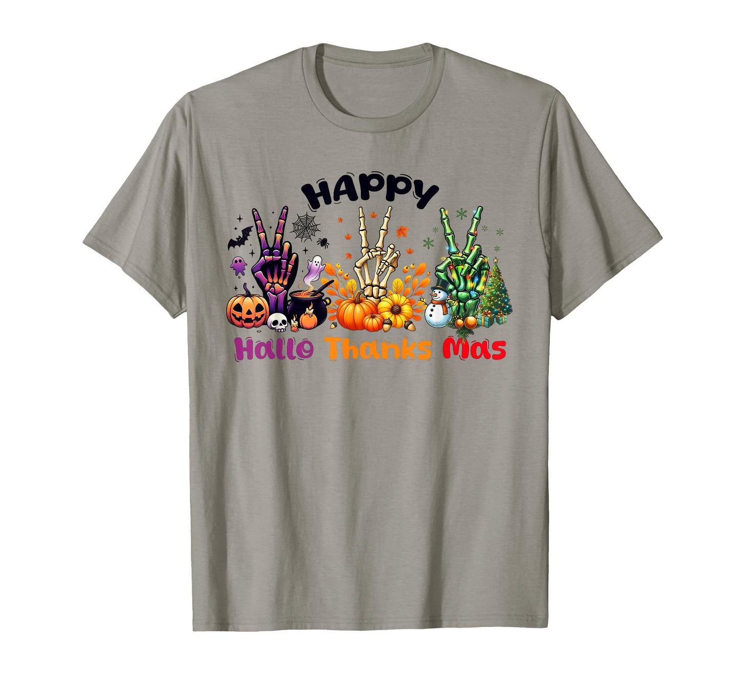 Happy HalloThanksMas Skeleton Hand Peace Sign Holiday Mashup T-Shirt