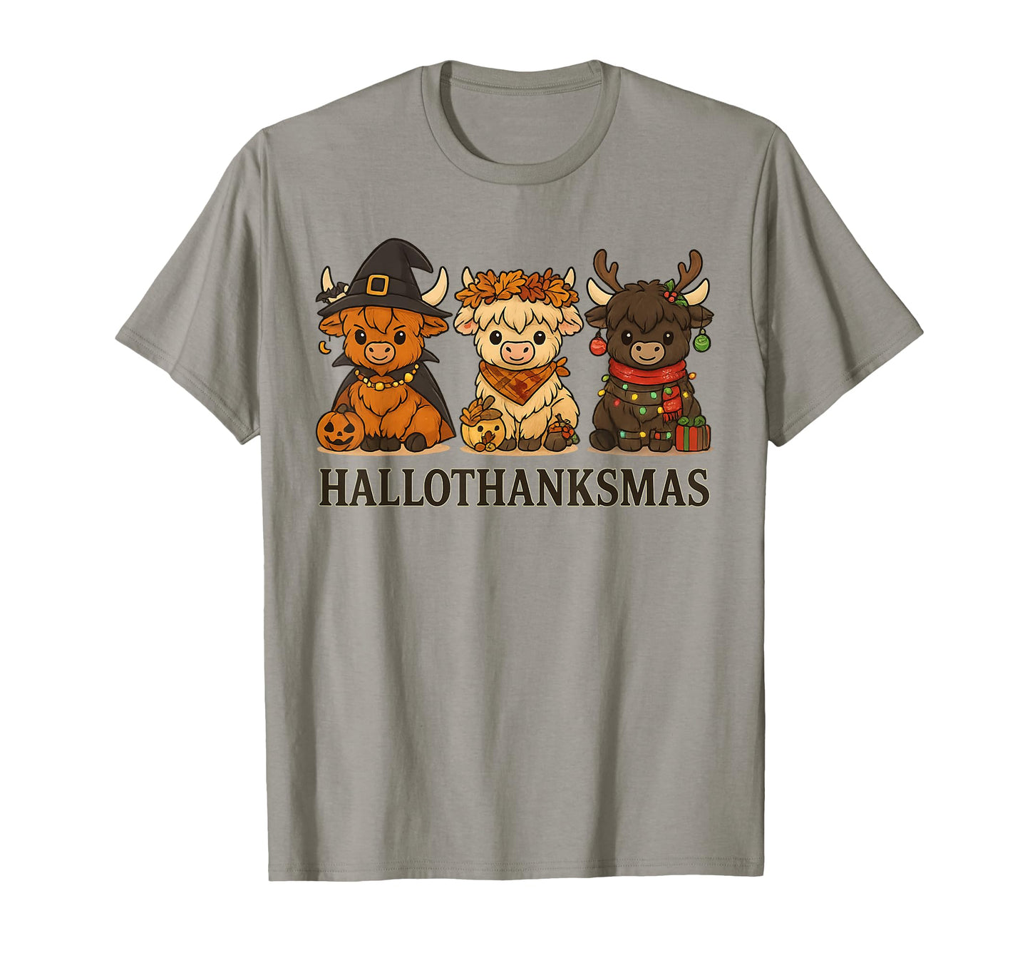 Hallothanksmas Highland Cow Trio Halloween Thanksgiving T-Shirt
