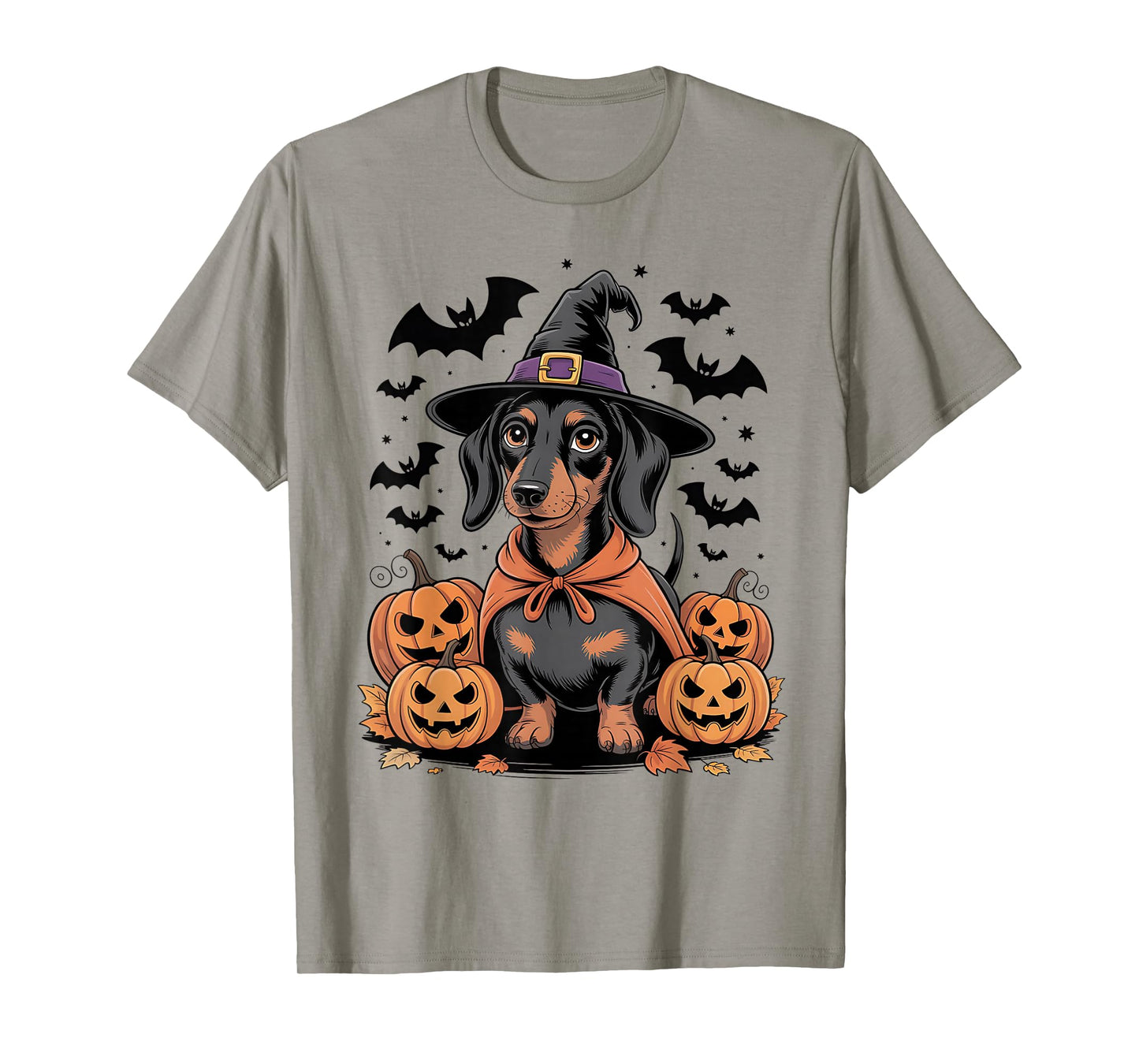 Halloween Dachshund Dog in Witch Hat with Pumpkins and Bats T-Shirt