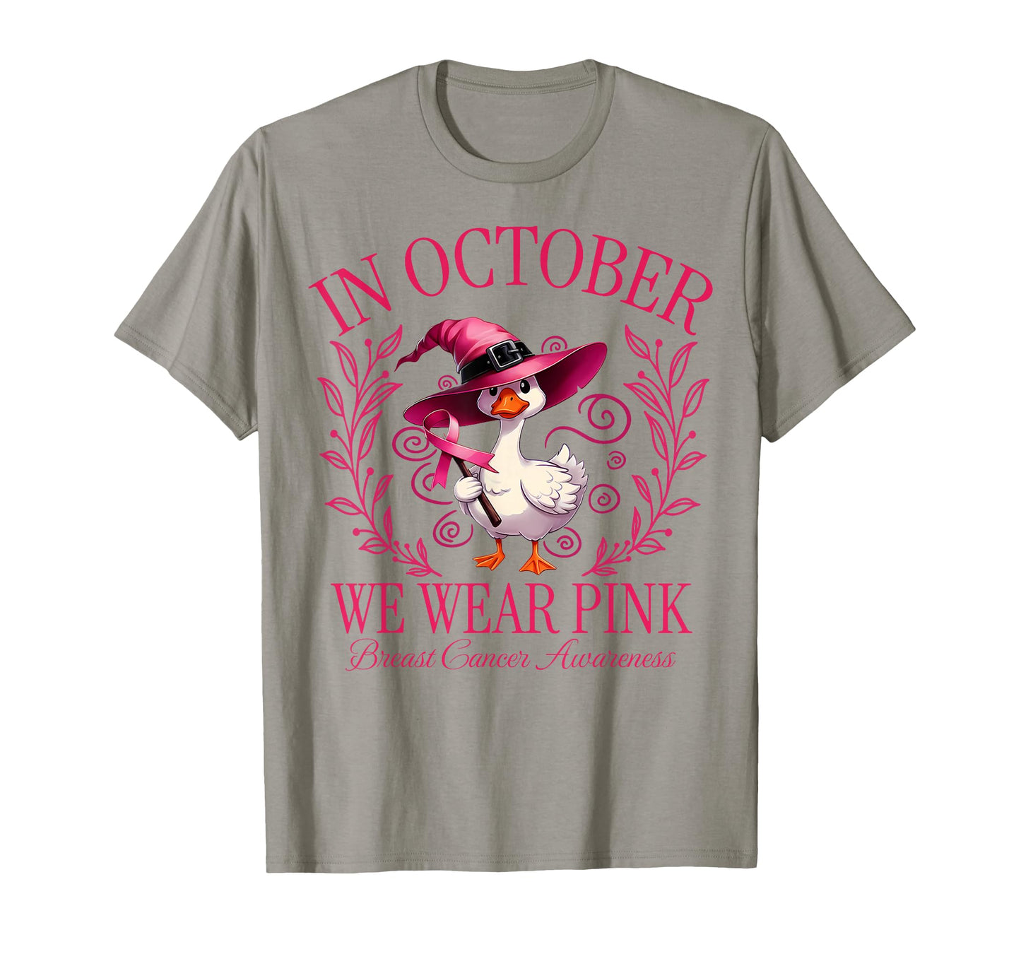 in October We Wear Pink Witch Goose Breast Cancer Awareness T-Shirt