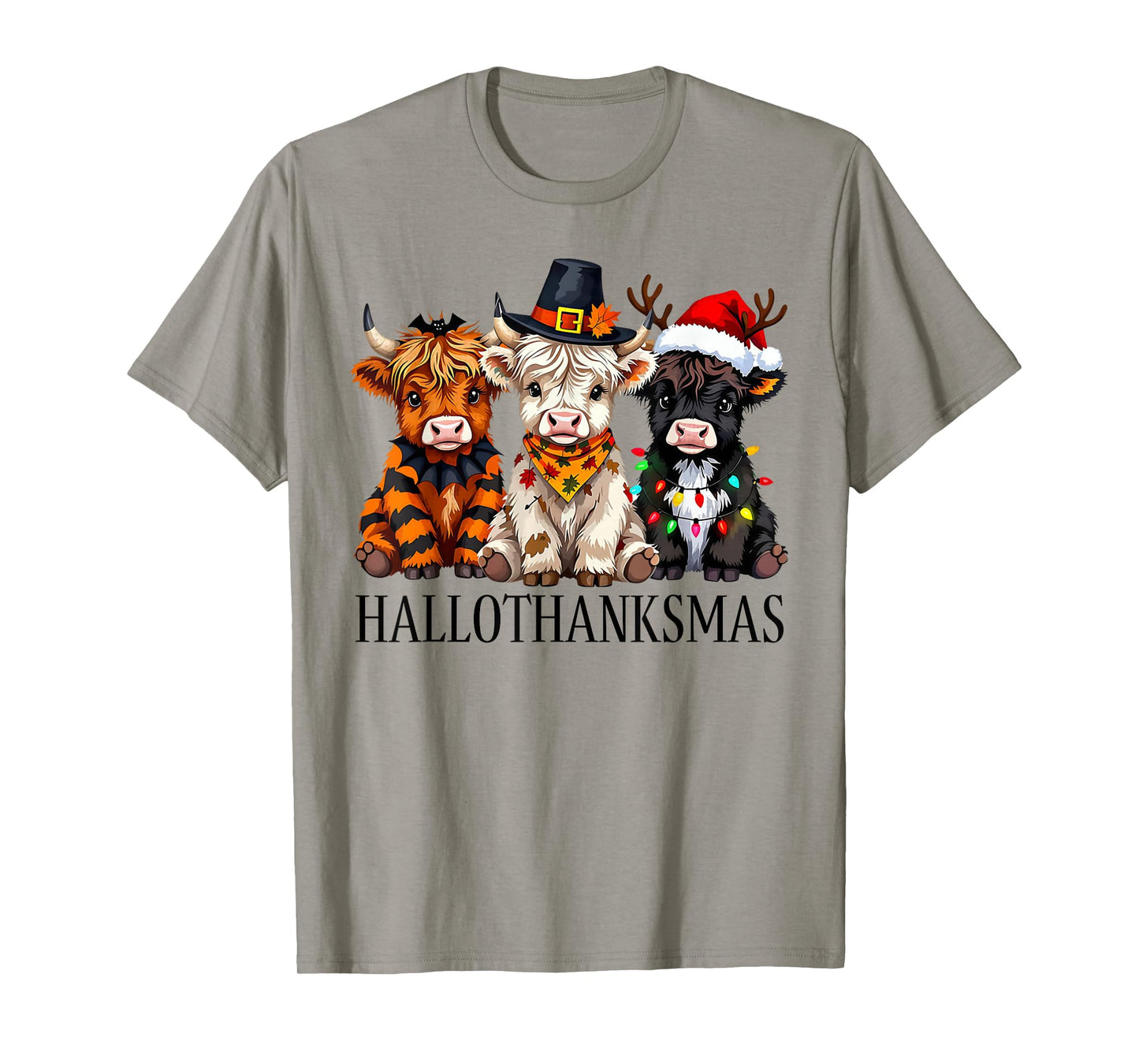 Happy Hallothanksmas Highland Cow Halloween Merry Christmas T-Shirt