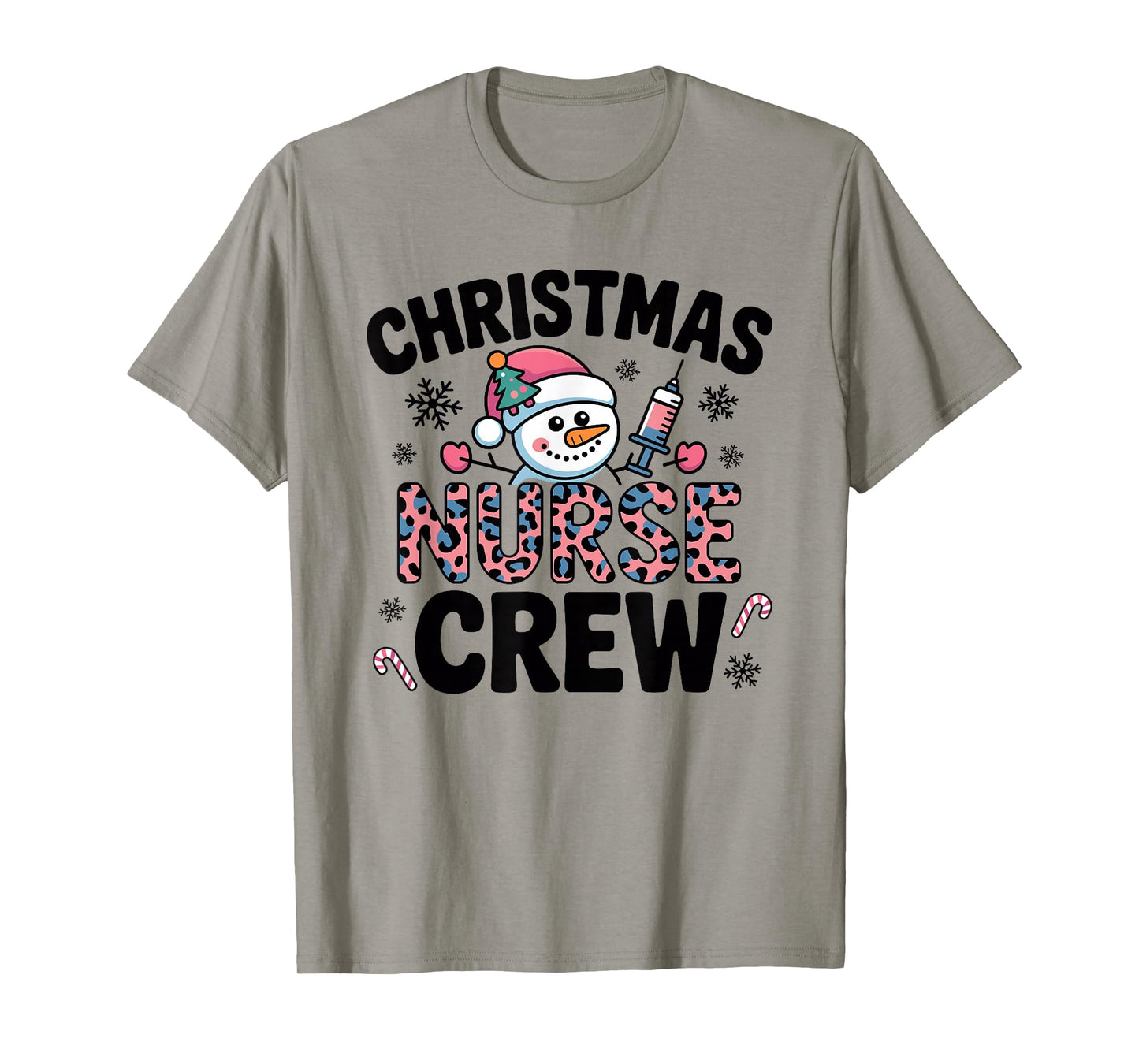 Nurse Christmas Crew Snowman Pink Leopard Print T-Shirt