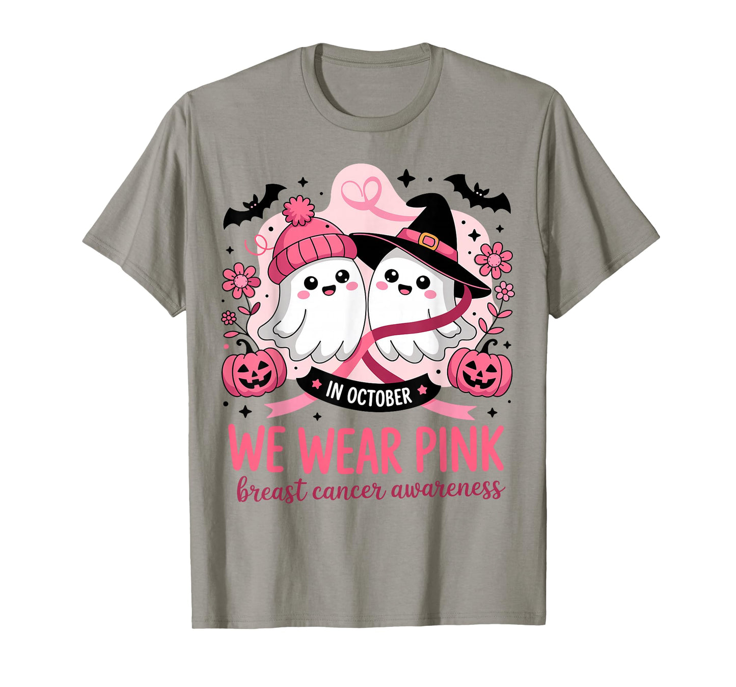 in October We Wear Pink Ghost Witch Breast Cancer Awareness T-Shirt