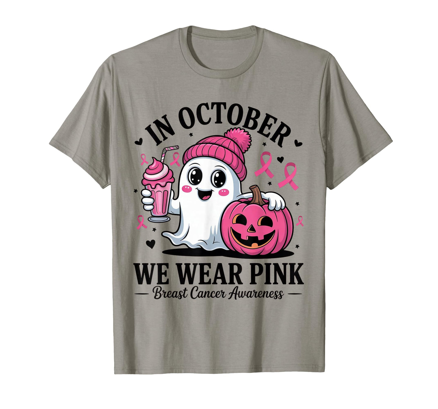 in October We Wear Pink Witch Ghost Pumpkin Breast Cancer T-Shirt