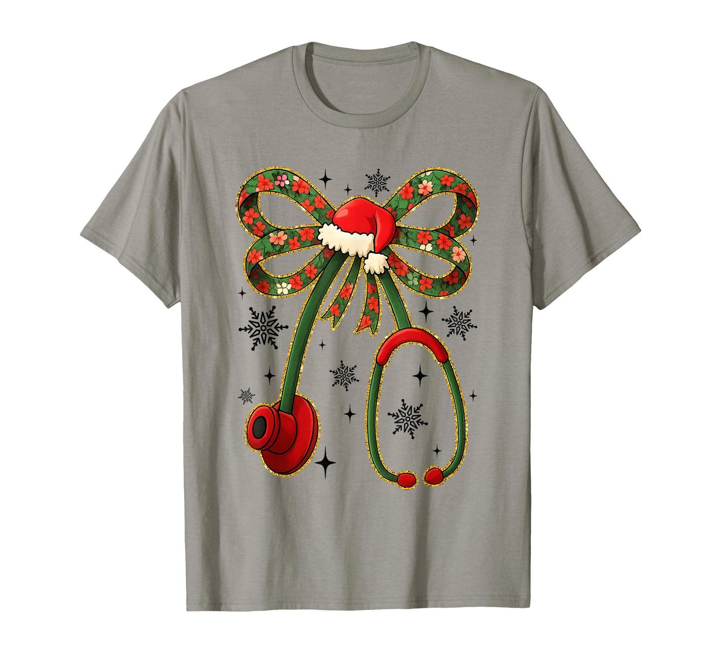 Nurse Stethoscope Christmas Bow Santa Hat Holiday Medical T-Shirt