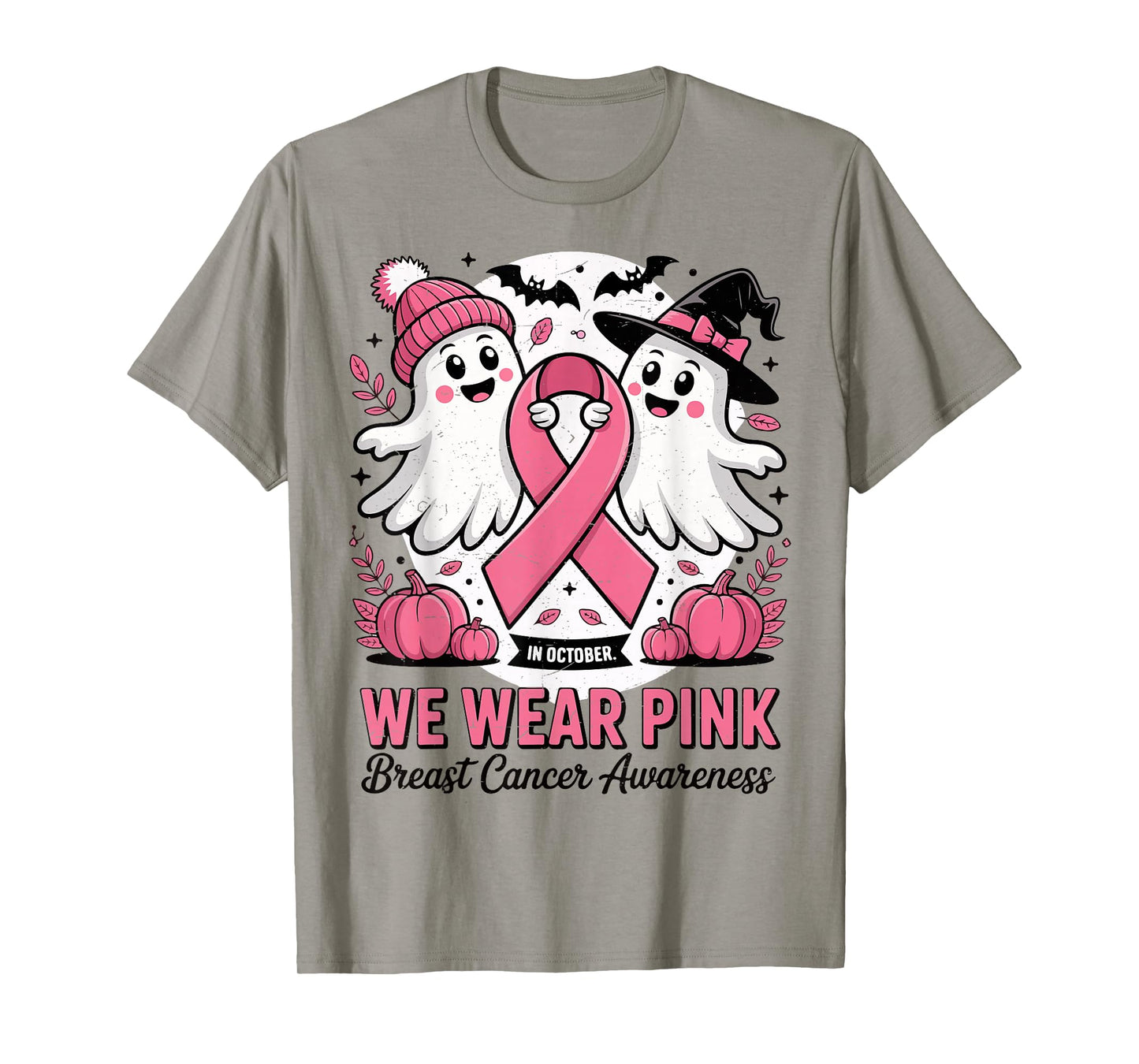 in October We Wear Pink Ghost Witch Breast Cancer Awareness T-Shirt