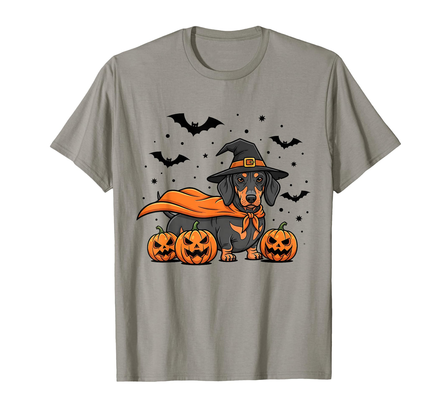 Halloween Dachshund Dog in Witch Hat with Pumpkins and Bats T-Shirt