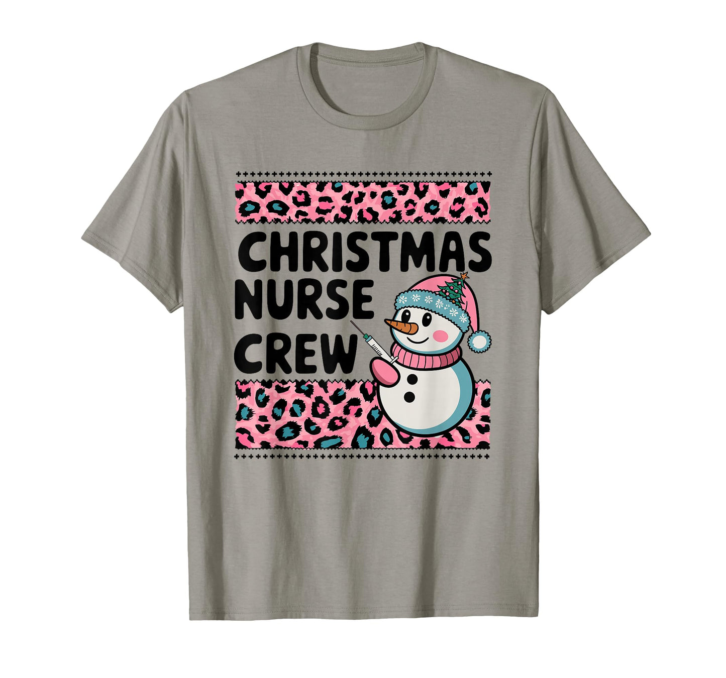 Nurse Christmas Crew Snowman Pink Leopard Print T-Shirt