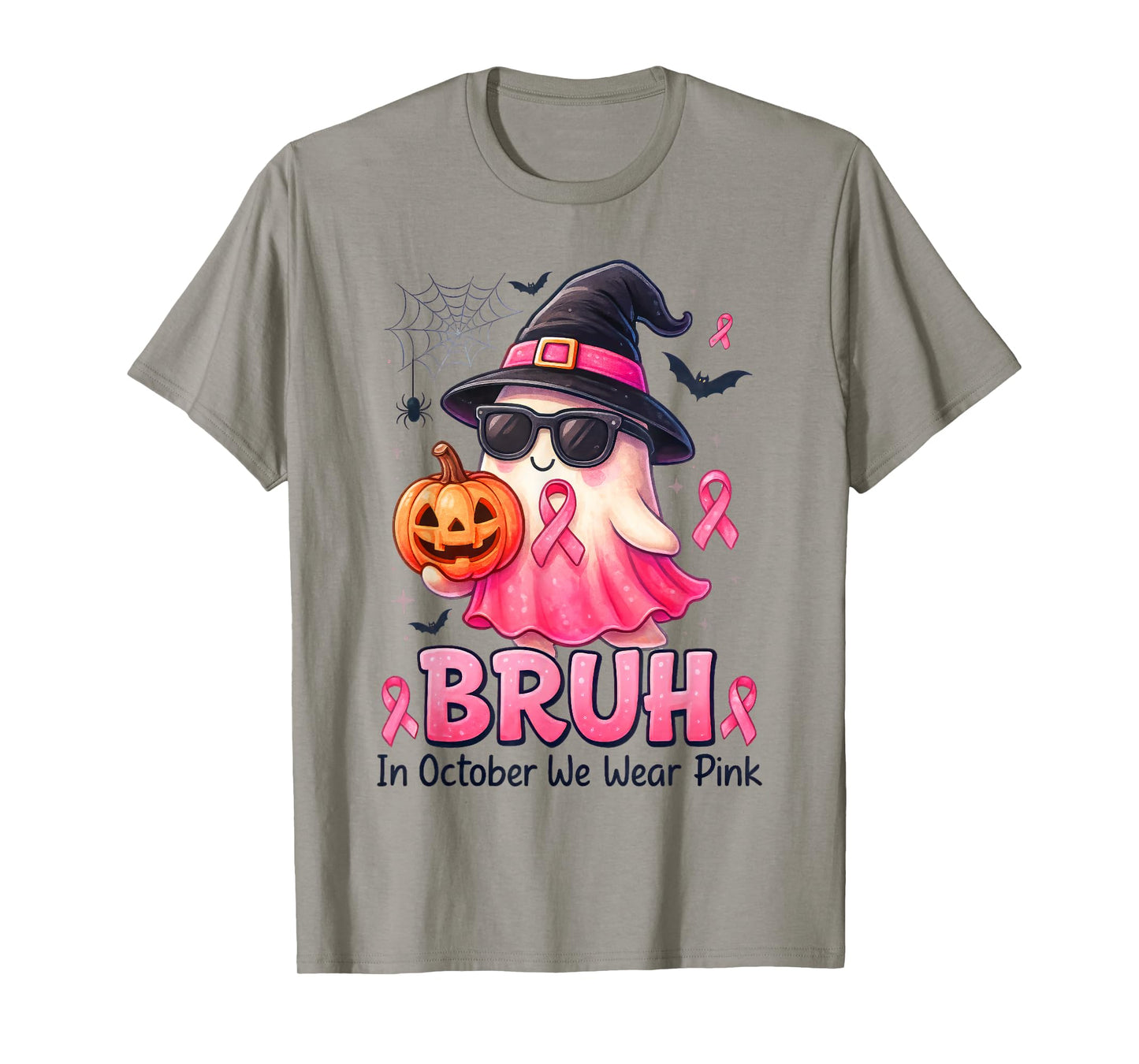 Bruh in October We Wear Pink Boo Ghost Pumpkin Breast Cancer T-Shirt