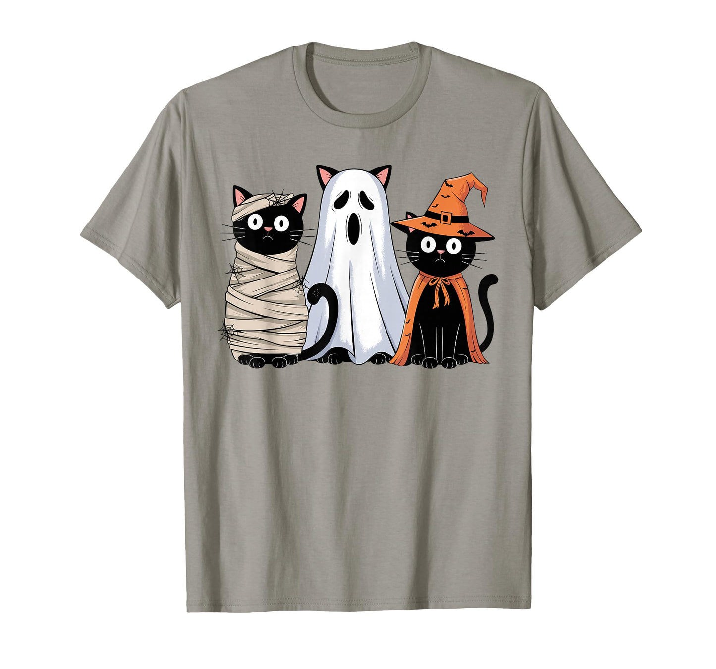 Retro Spooky Halloween Three Black Cats Mummy Ghost Witch T-Shirt