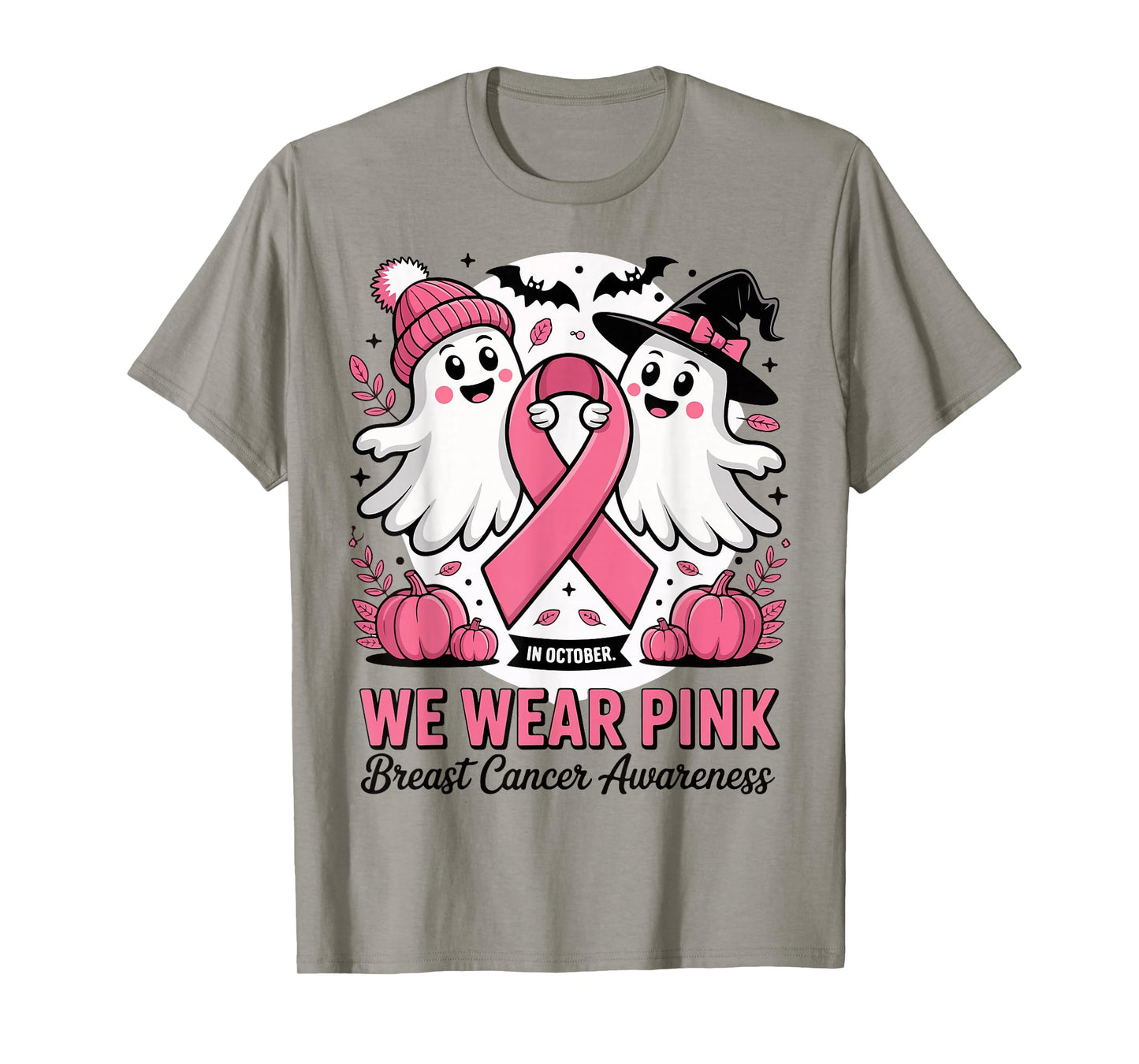 in October We Wear Pink Ghost Witch Breast Cancer Awareness T-Shirt
