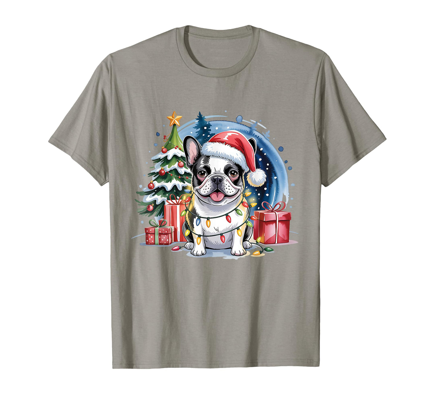Festive French Bulldog Christmas Santa Hat and Lights T-Shirt