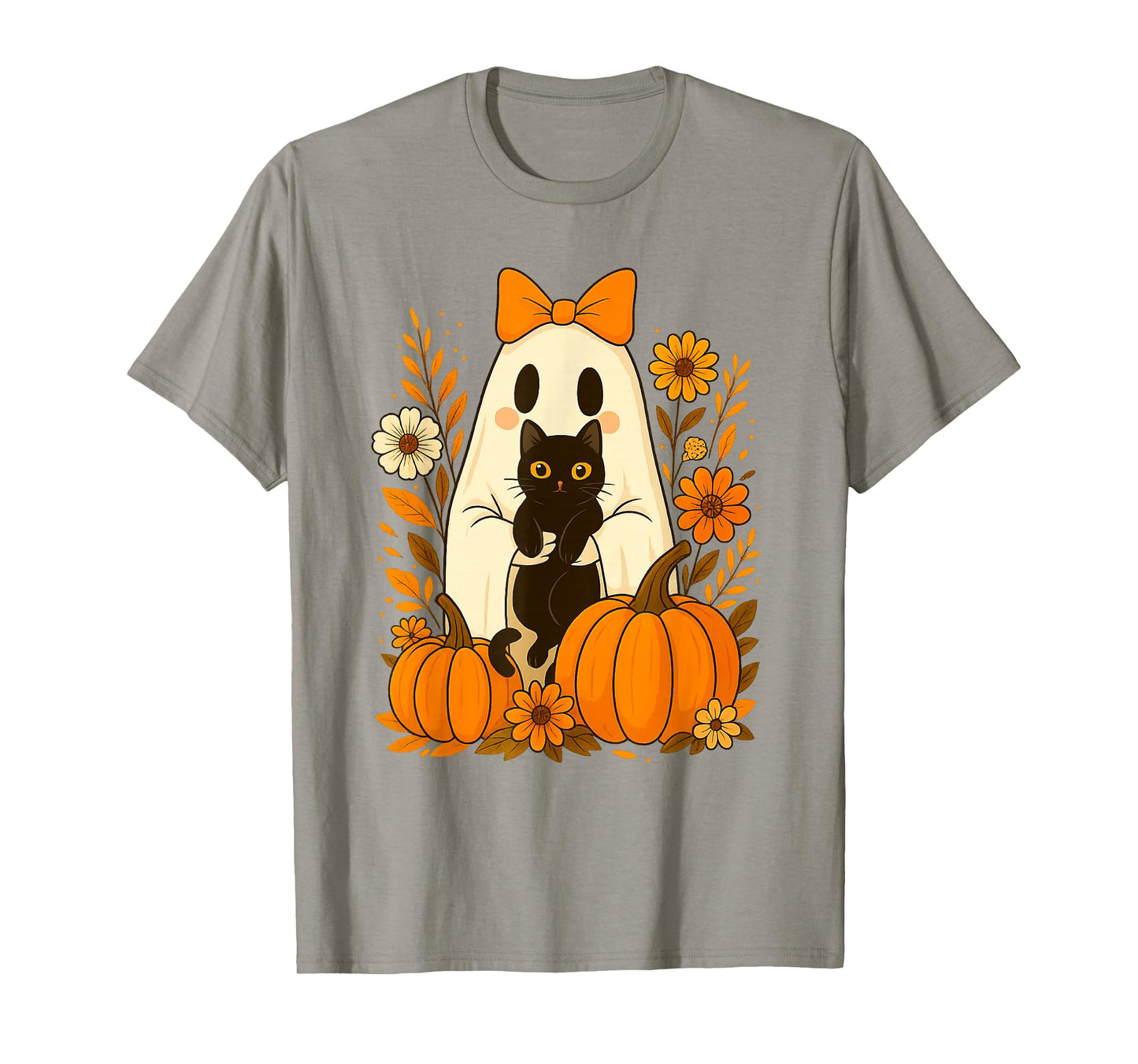 Vintage Cute Halloween Ghost Holding Cat Groovy Floral T-Shirt