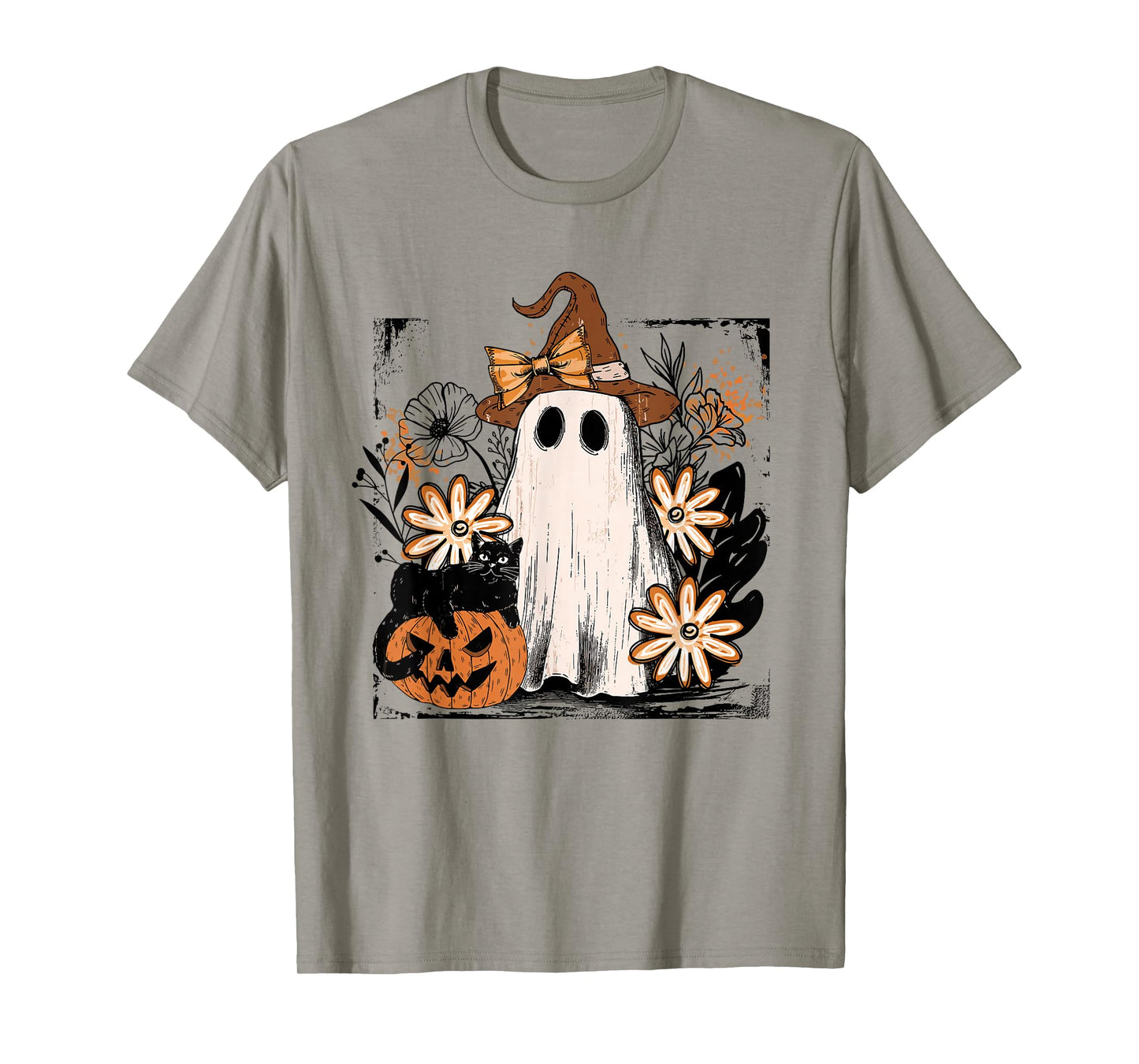 Coquette Floral Ghost Halloween Black Cat Ghost Autum Fall T-Shirt