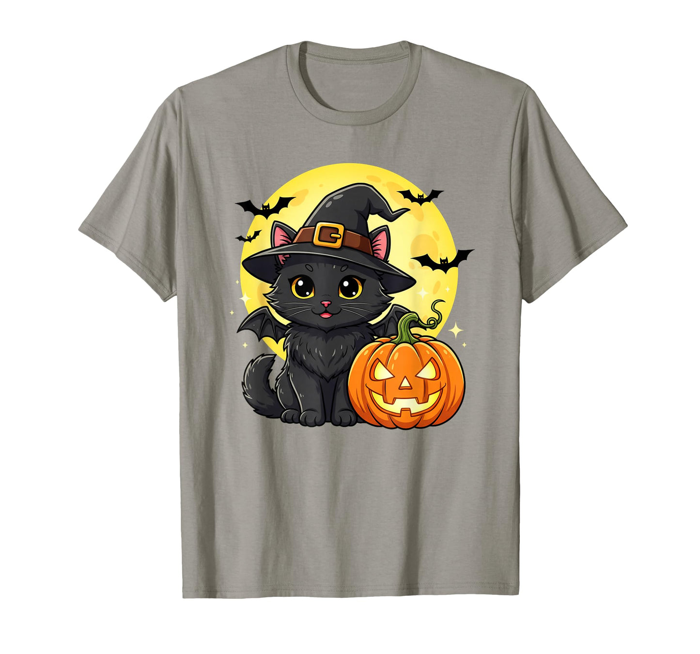 Cute cat Wearing Witch Hat with Moon and Bats Halloween Bat T-Shirt