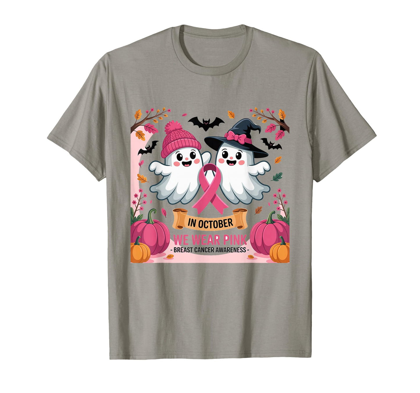 in October We Wear Pink Ghost Witch Breast Cancer Awareness T-Shirt