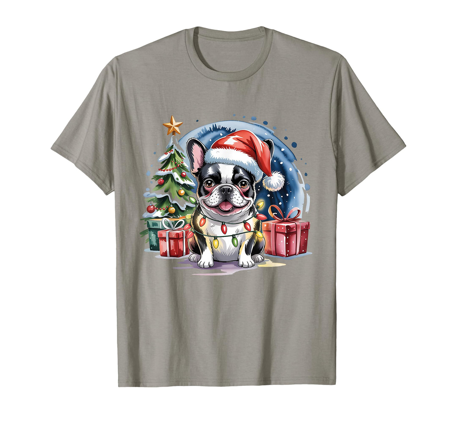 Cute Festive French Bulldog Christmas Santa Hat and Lights T-Shirt