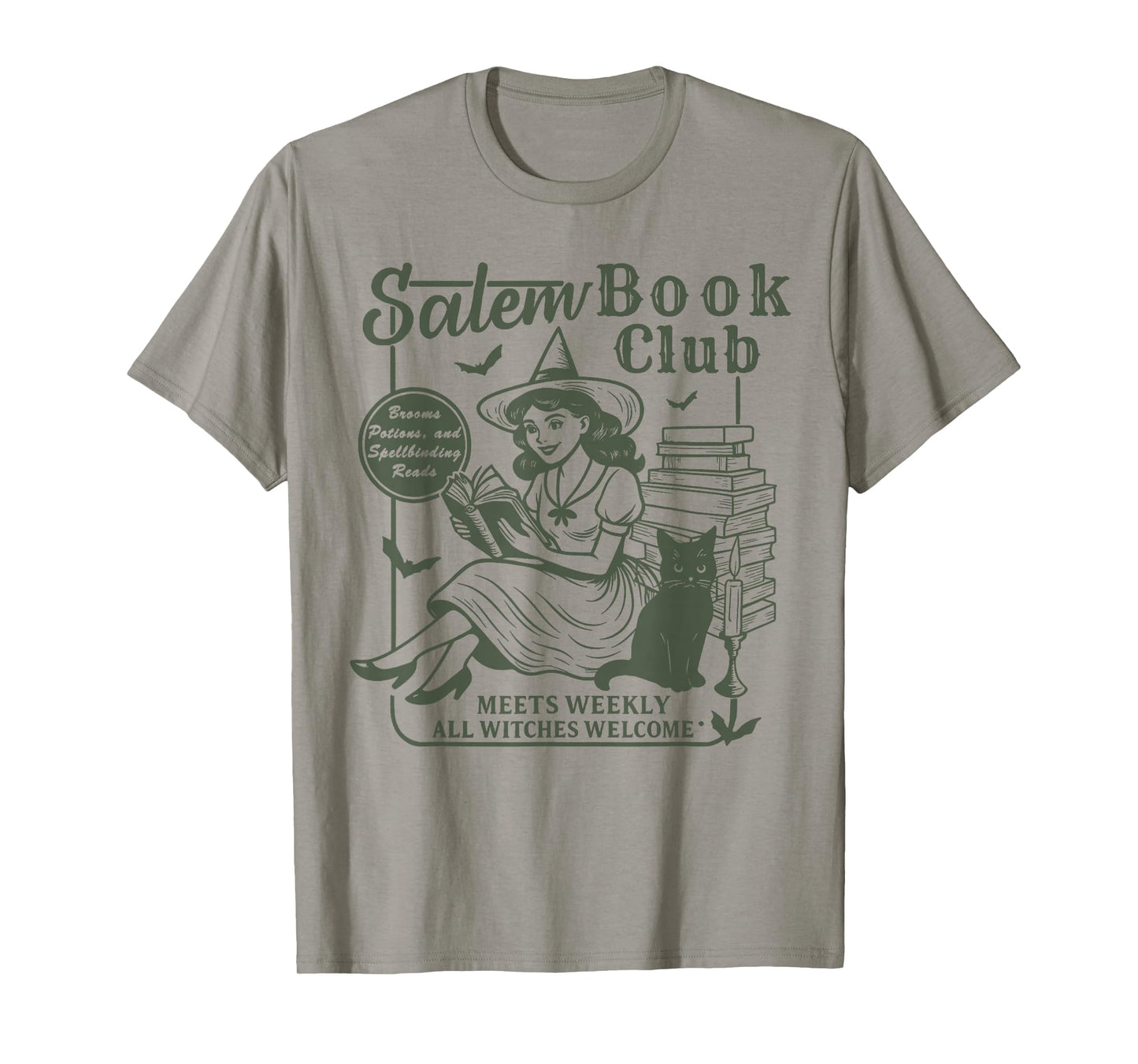 Vintage Salem Book Club Witch Reading Black Cat Halloween T-Shirt