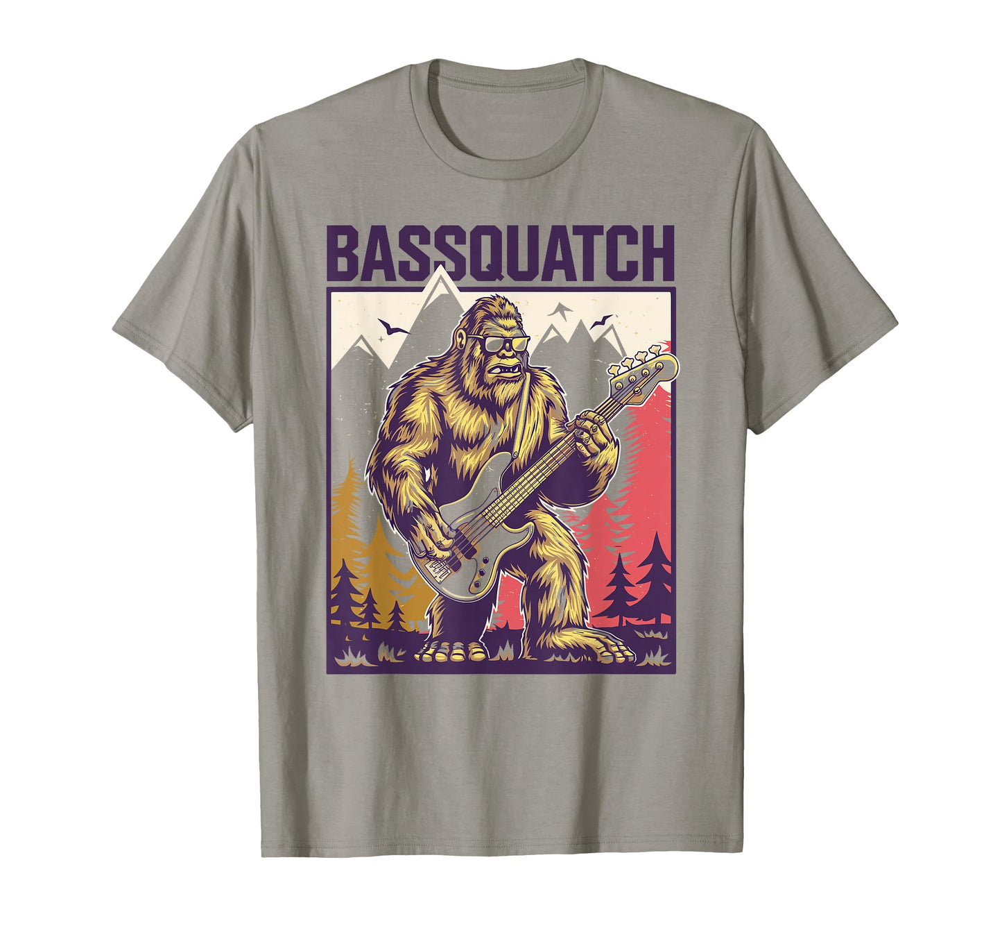 C.J.'s Cryptid Sasquatch Bigfoot Bass Guitar Gifts Bassquatch, Bigfoot Bass Guitar Sasquatch Adult Men's Yellow Cartoon Bigfoot Themed T-Shirt