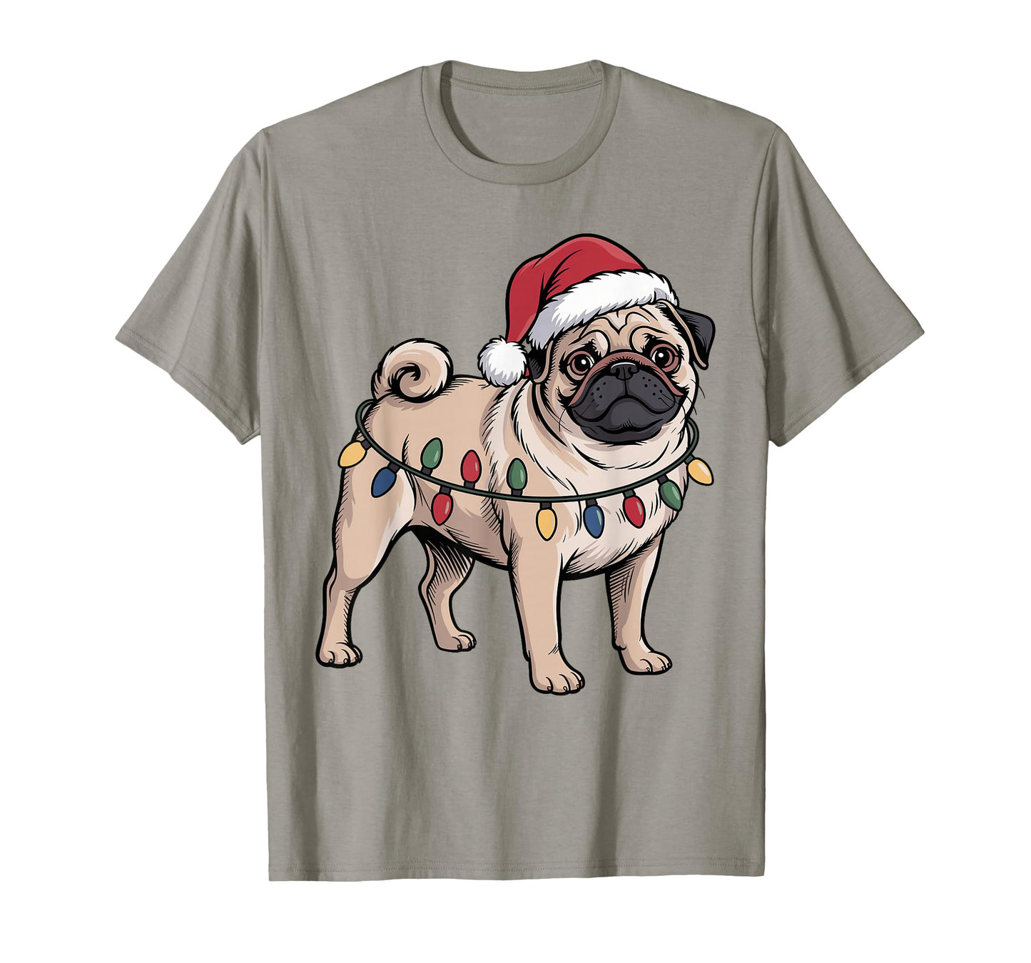 Funny Pug Christmas Santa Hat Xmas Lights T-Shirt