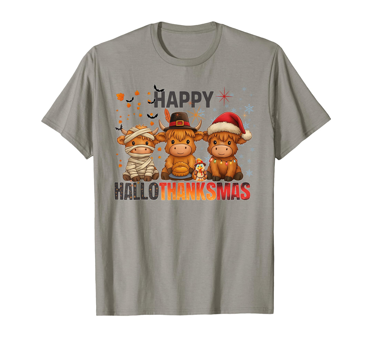 Happy Hallothanksmas Highland Cow Halloween Merry Christmas T-Shirt