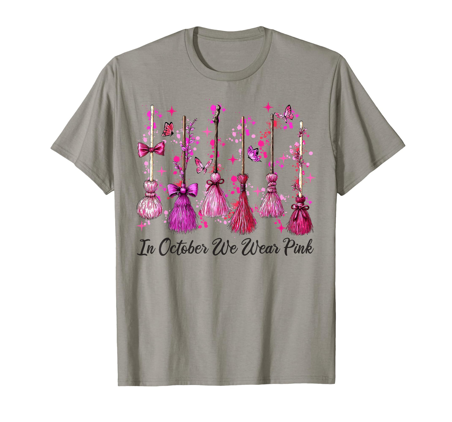 in October We Wear Pink Witch Broom Halloween Breast Cancer T-Shirt