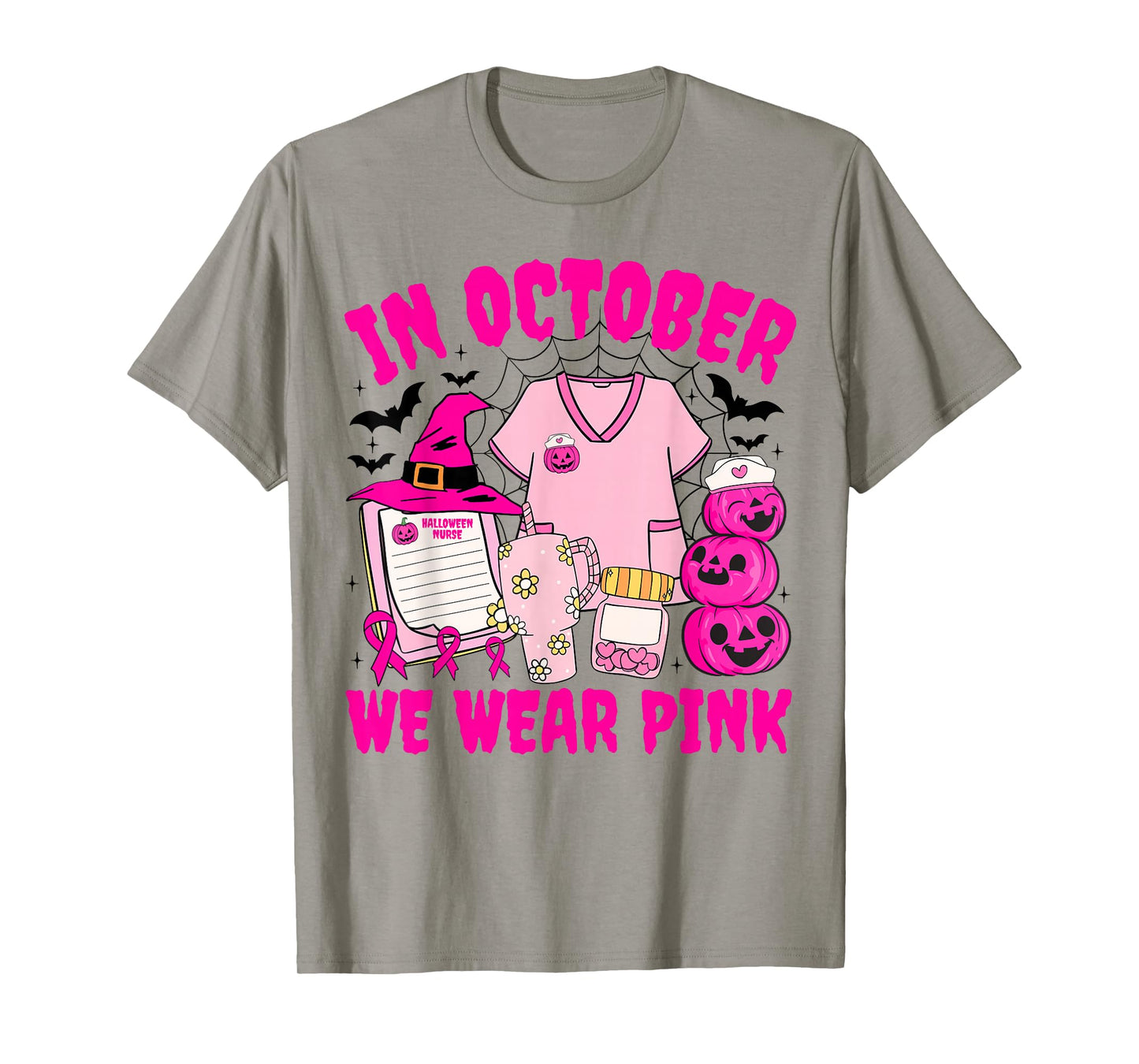 We Wear Pink in October Breast Cancer Nurse Pumpkin Witch T-Shirt