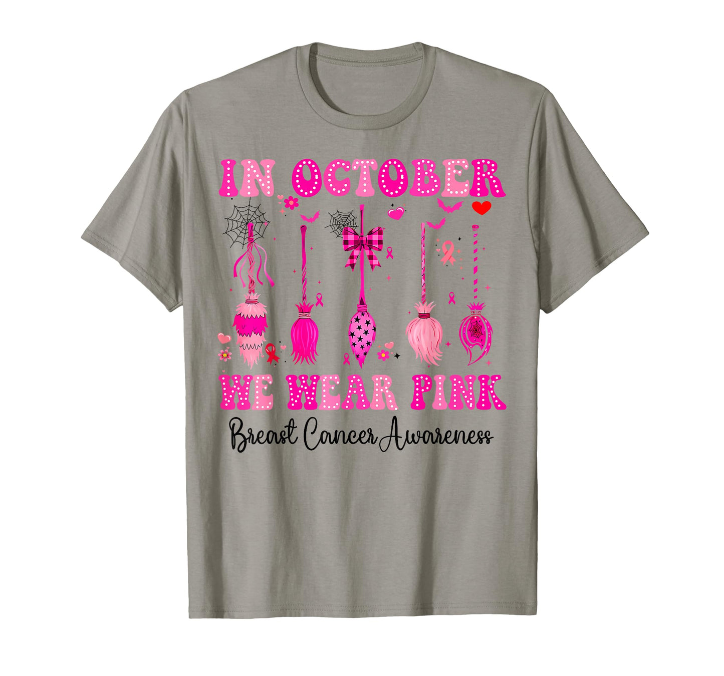 in October We Wear Pink Witch Broom Breast Cancer Halloween T-Shirt